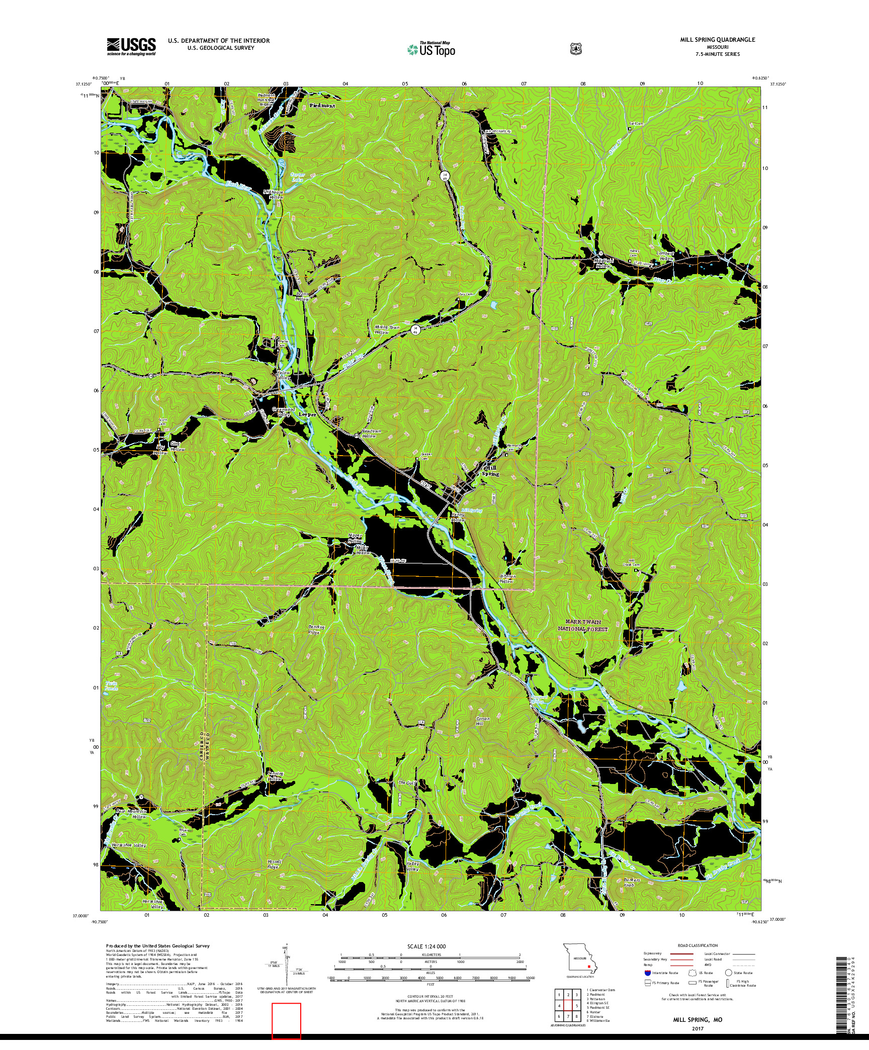 USGS US TOPO 7.5-MINUTE MAP FOR MILL SPRING, MO 2017