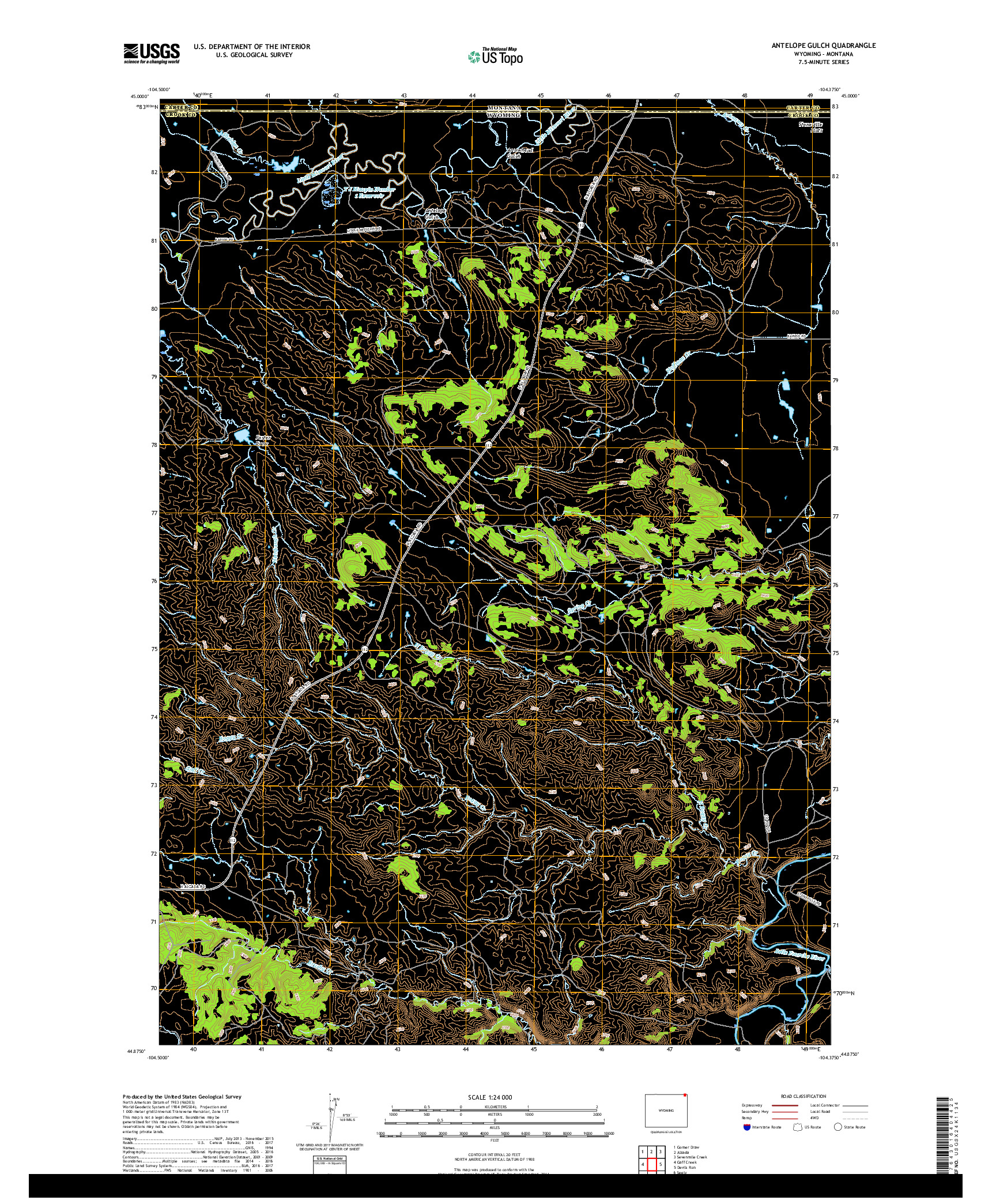 USGS US TOPO 7.5-MINUTE MAP FOR ANTELOPE GULCH, WY,MT 2017