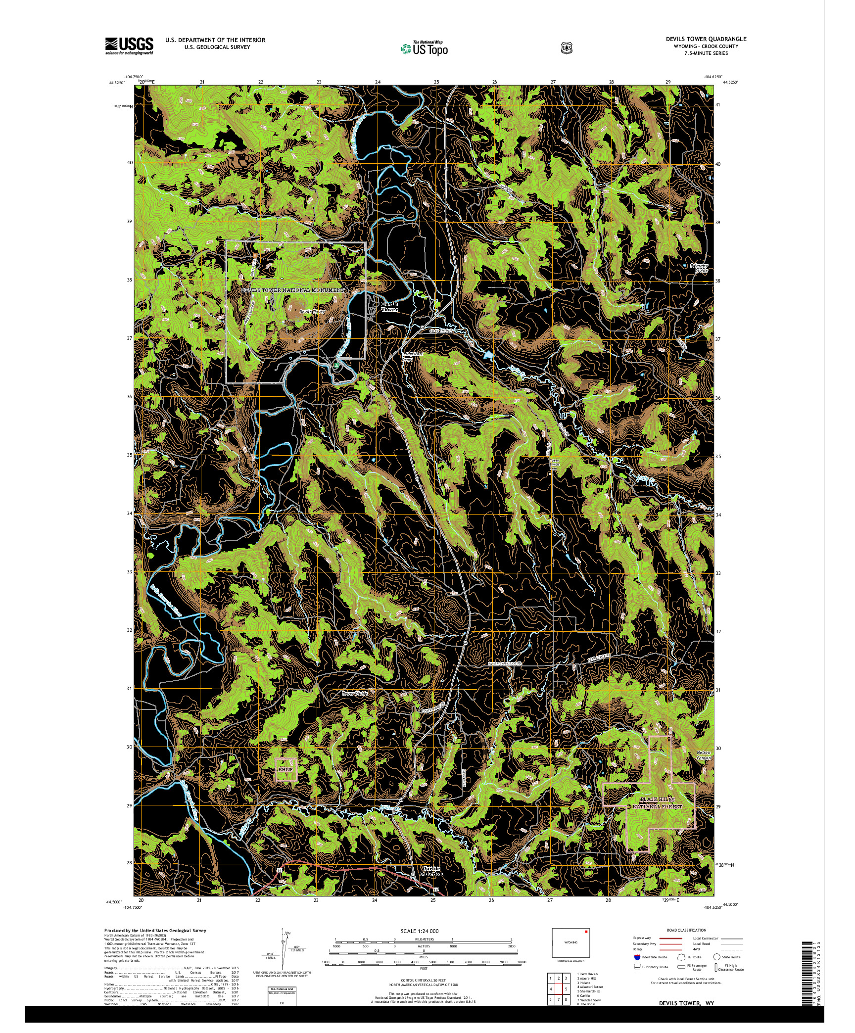USGS US TOPO 7.5-MINUTE MAP FOR DEVILS TOWER, WY 2017