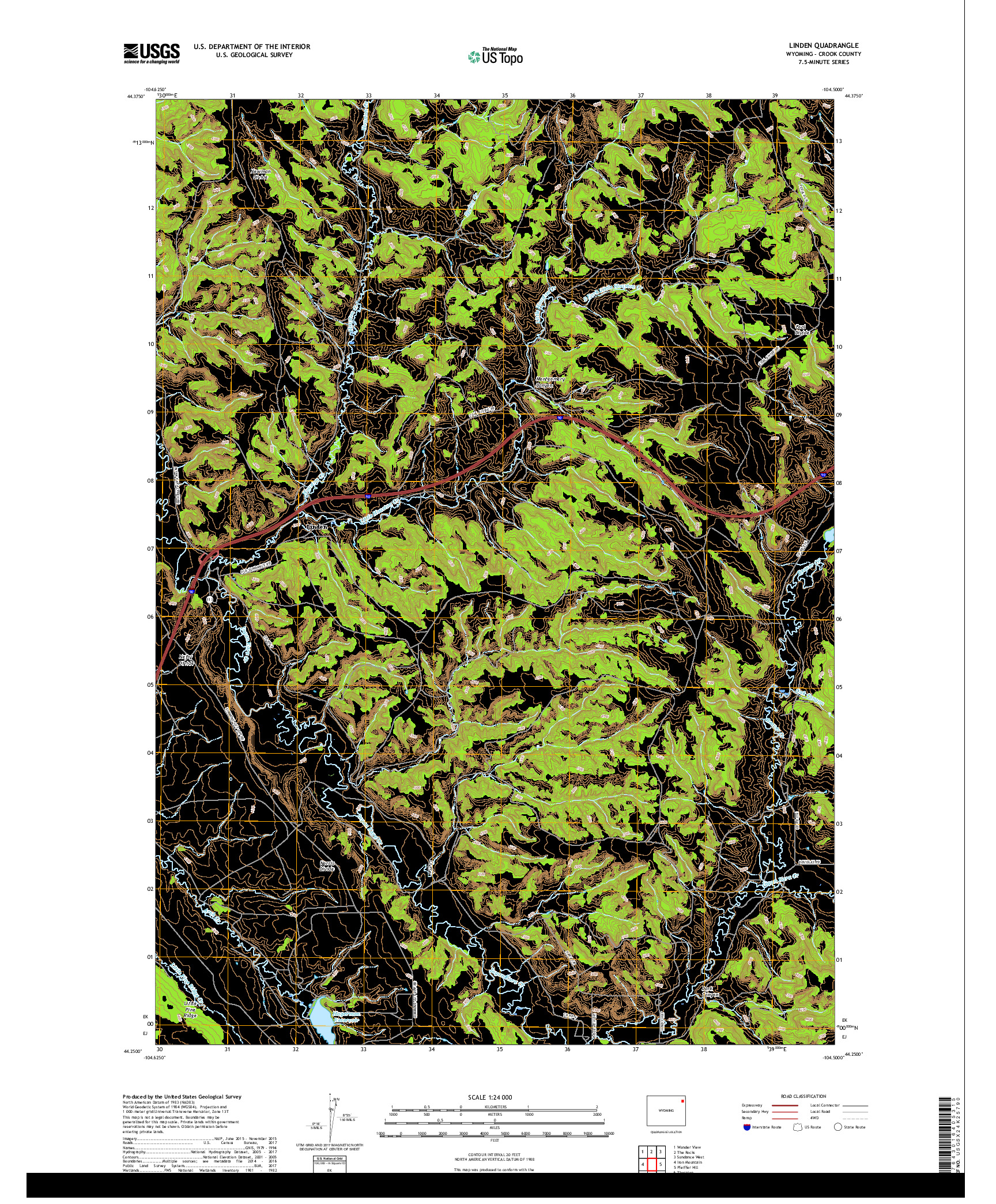 USGS US TOPO 7.5-MINUTE MAP FOR LINDEN, WY 2017