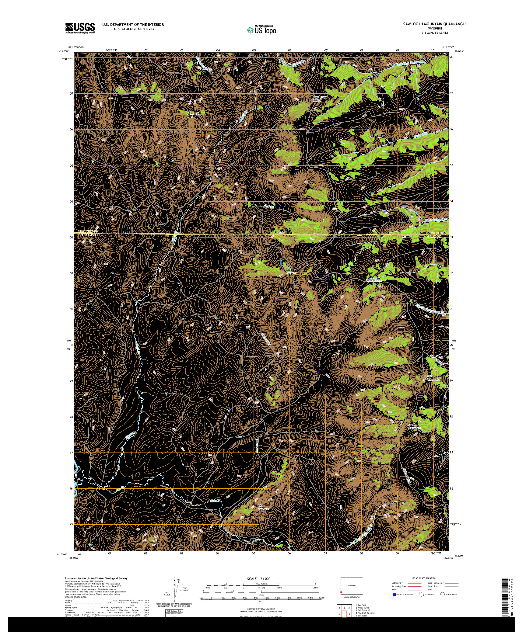 USGS US TOPO 7.5-MINUTE MAP FOR SAWTOOTH MOUNTAIN, WY 2017