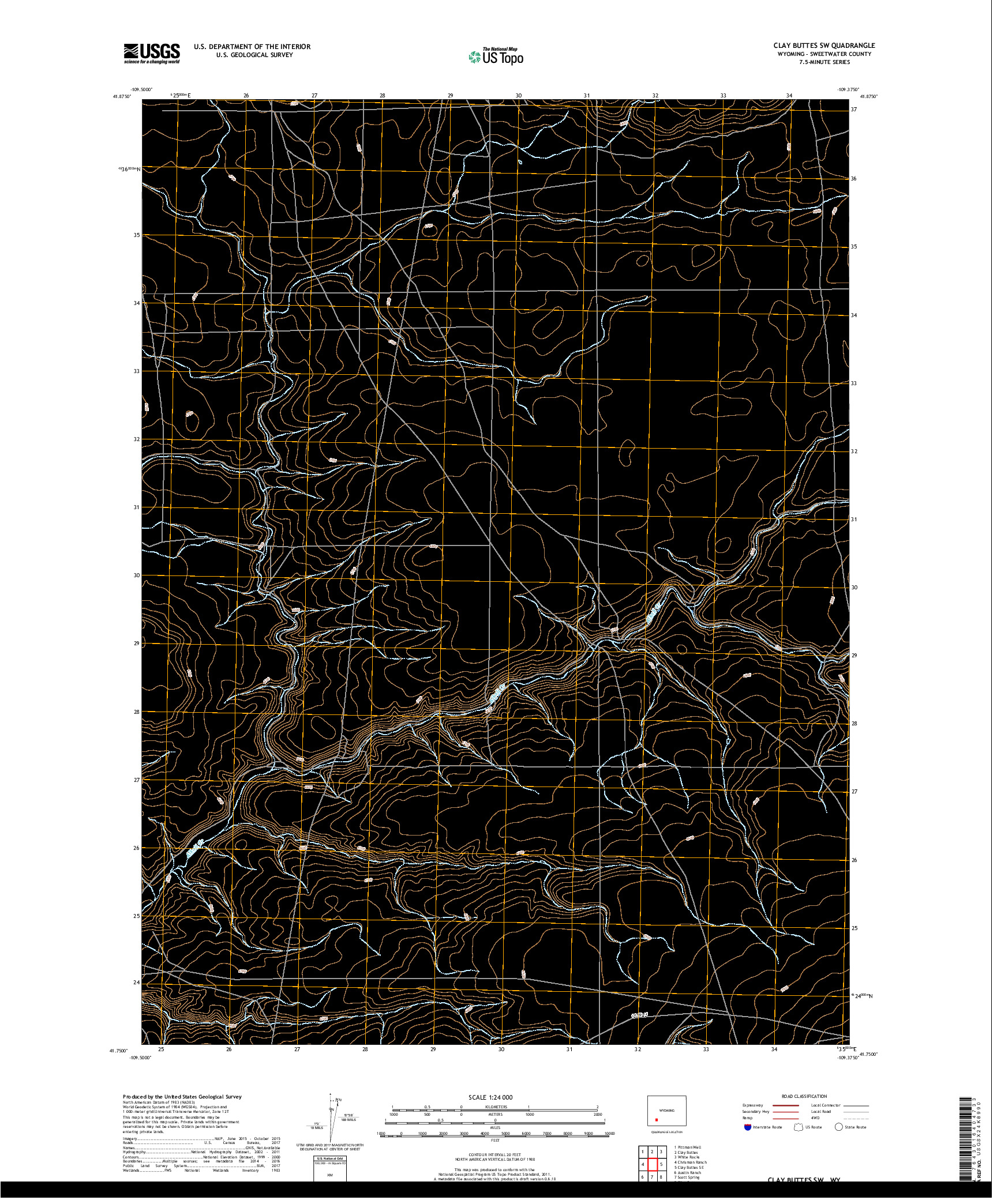 USGS US TOPO 7.5-MINUTE MAP FOR CLAY BUTTES SW, WY 2017