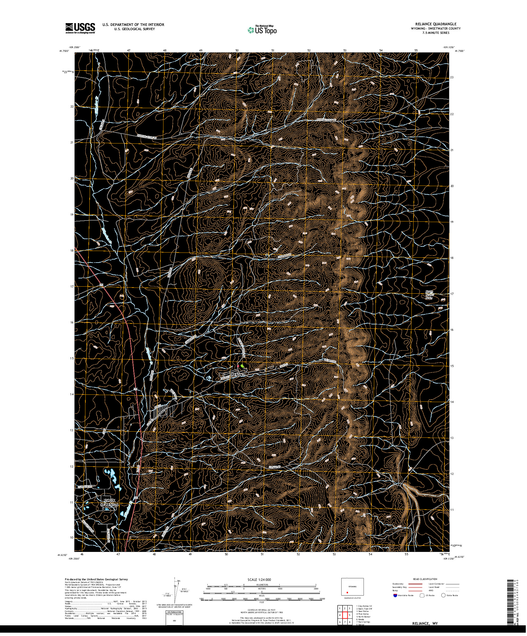 USGS US TOPO 7.5-MINUTE MAP FOR RELIANCE, WY 2017