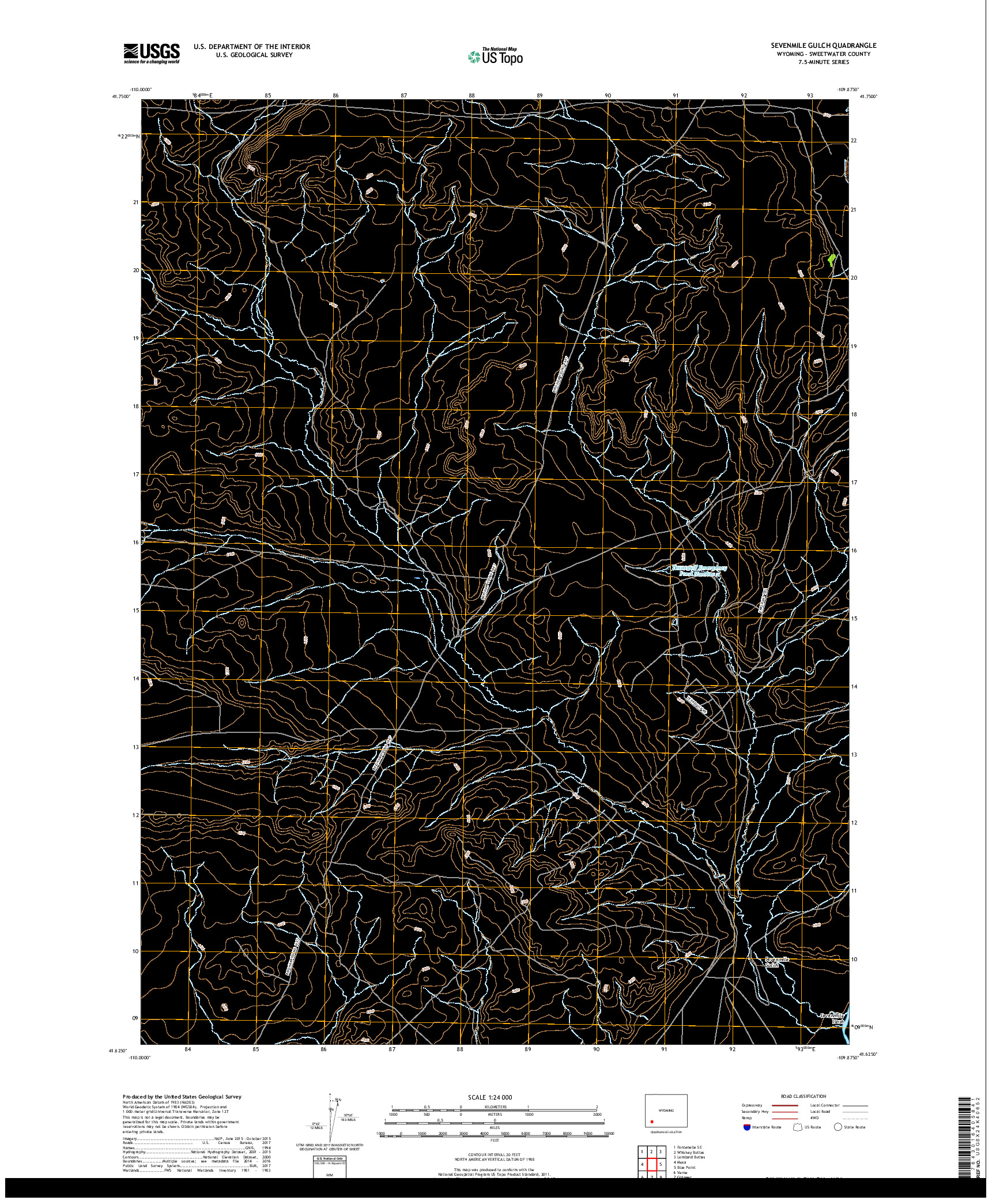 USGS US TOPO 7.5-MINUTE MAP FOR SEVENMILE GULCH, WY 2017