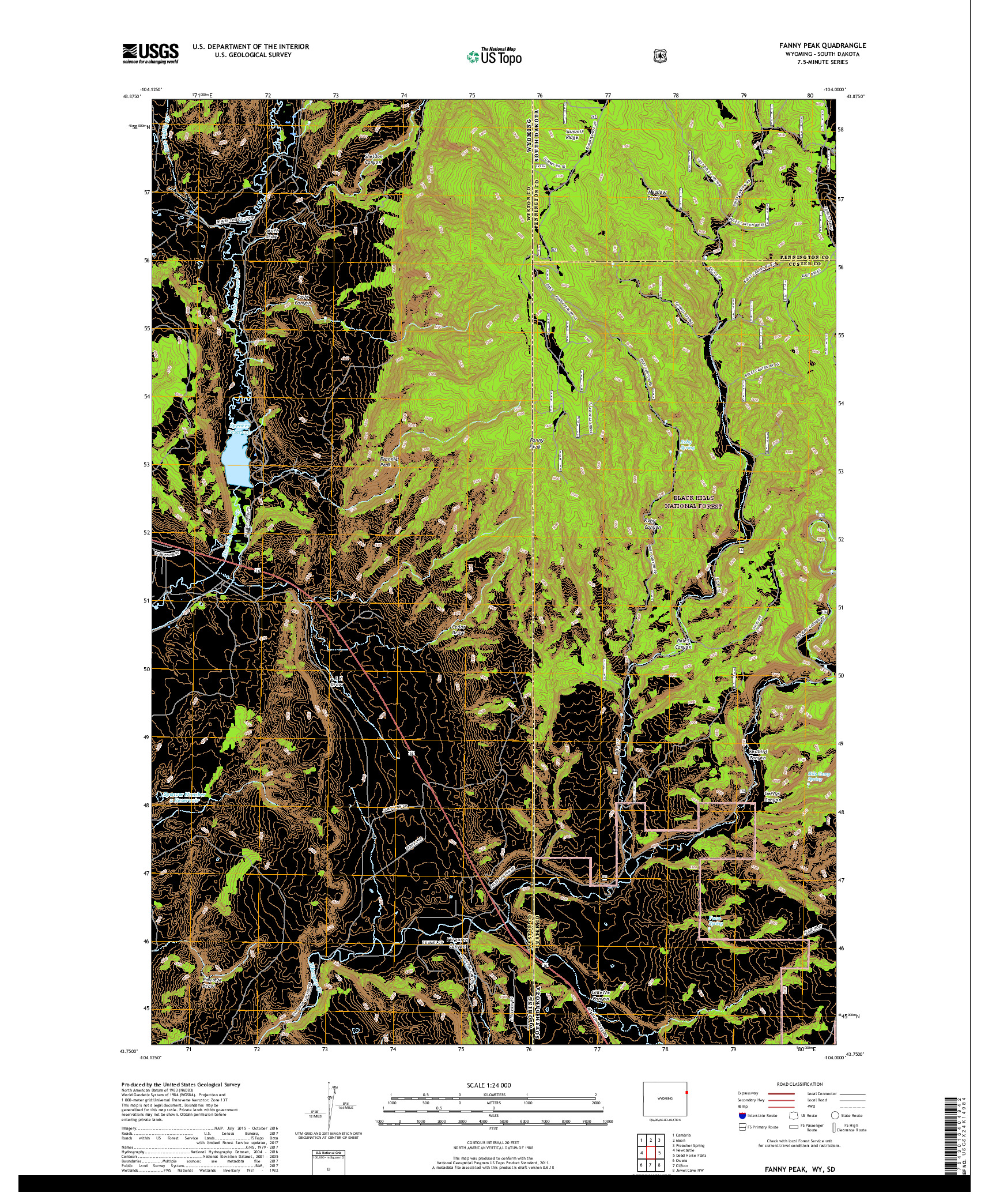 USGS US TOPO 7.5-MINUTE MAP FOR FANNY PEAK, WY,SD 2017