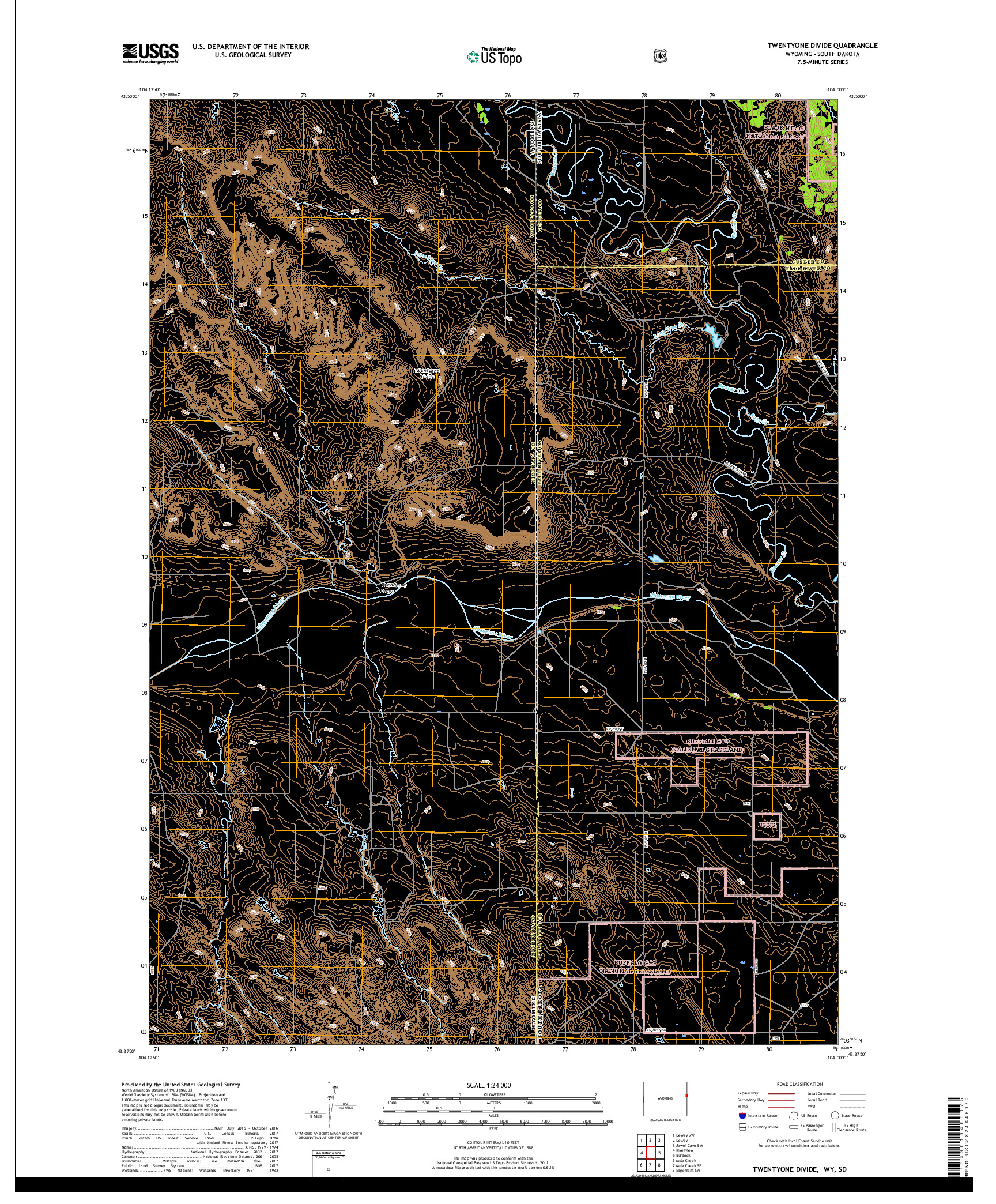 USGS US TOPO 7.5-MINUTE MAP FOR TWENTYONE DIVIDE, WY,SD 2017
