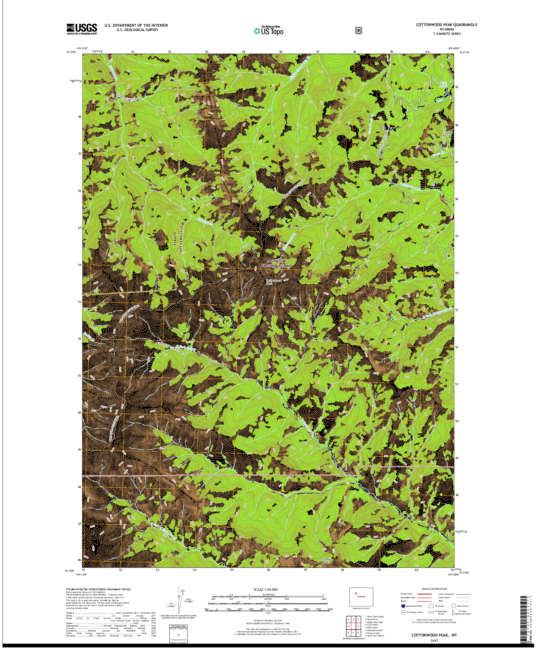 USGS US TOPO 7.5-MINUTE MAP FOR COTTONWOOD PEAK, WY 2017