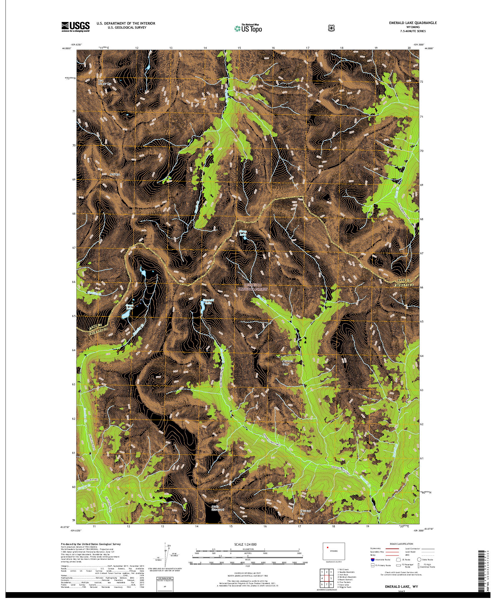 USGS US TOPO 7.5-MINUTE MAP FOR EMERALD LAKE, WY 2017