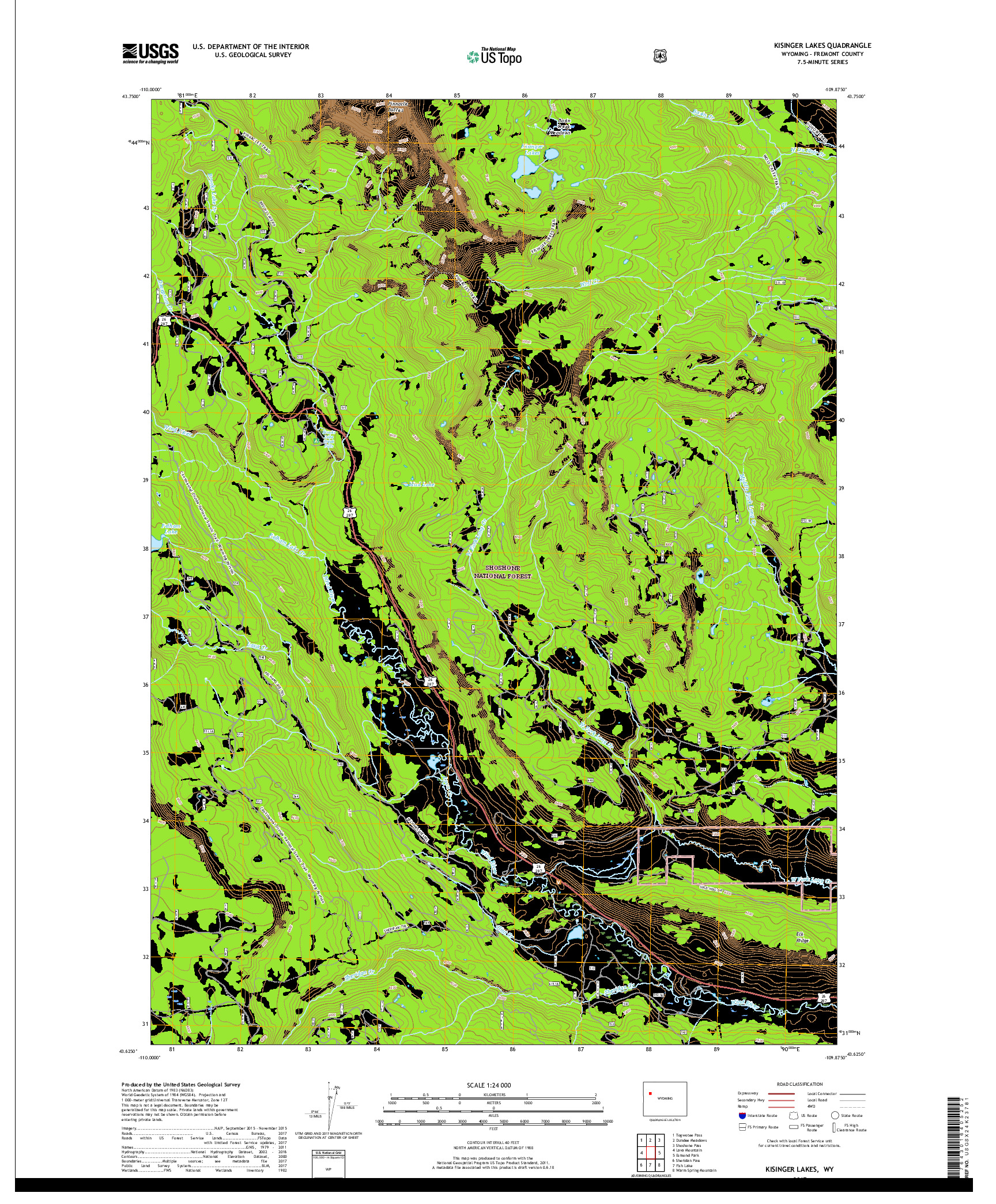 USGS US TOPO 7.5-MINUTE MAP FOR KISINGER LAKES, WY 2017