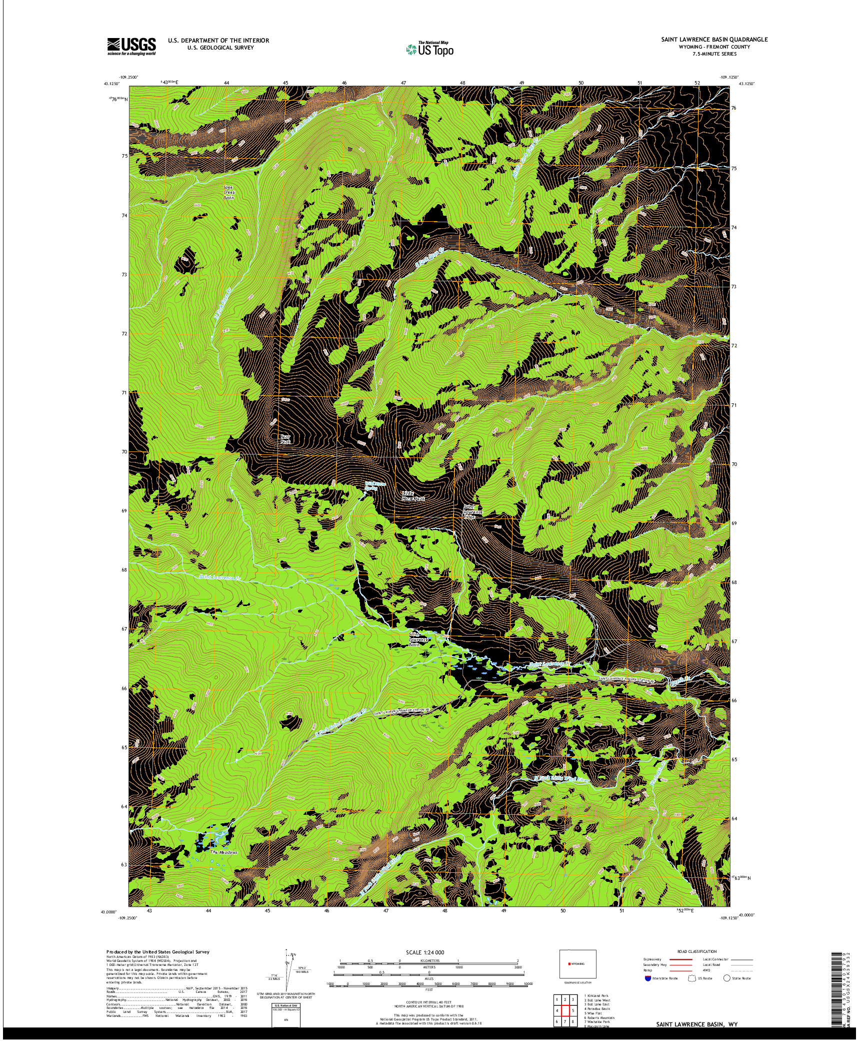USGS US TOPO 7.5-MINUTE MAP FOR SAINT LAWRENCE BASIN, WY 2017