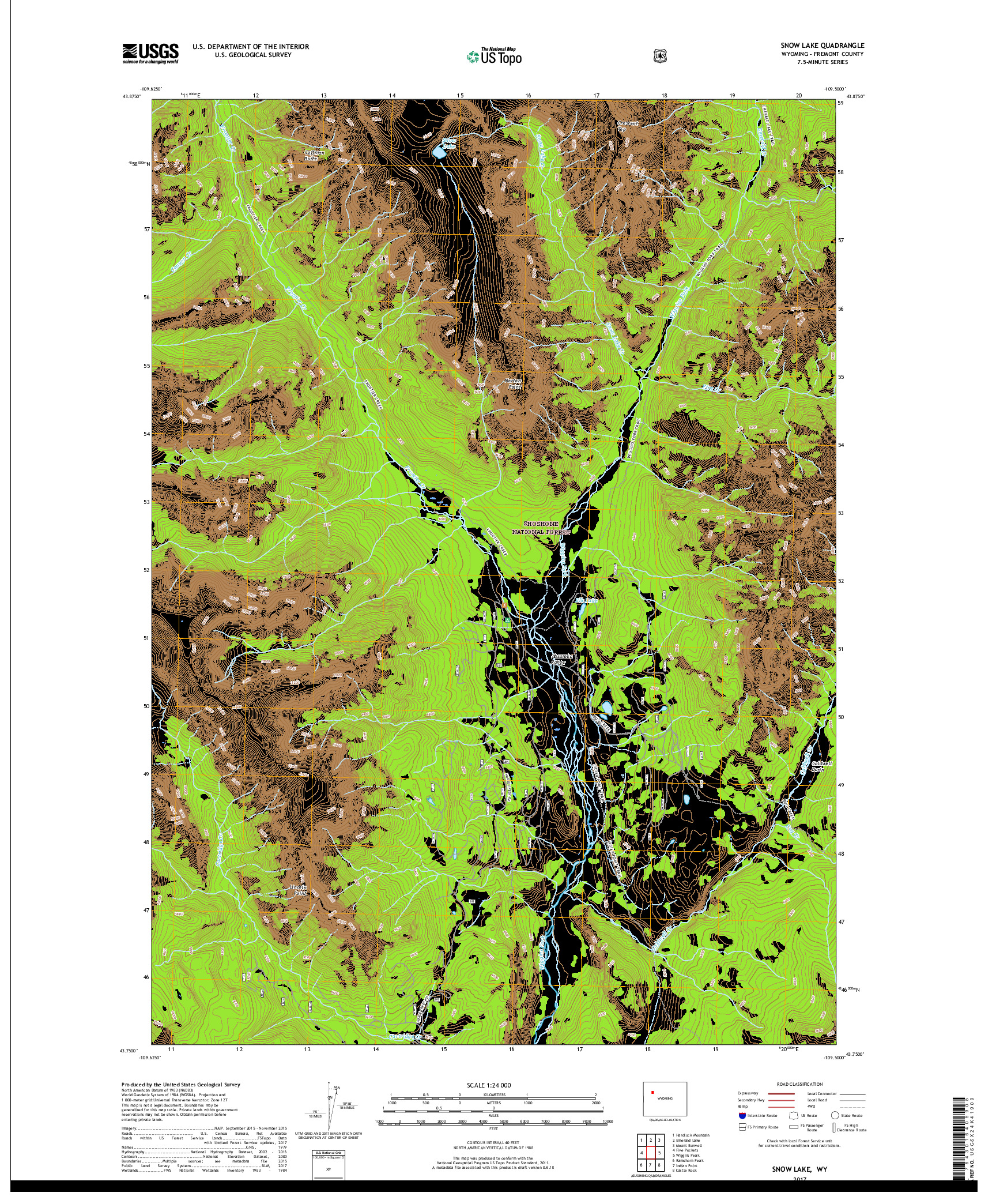 USGS US TOPO 7.5-MINUTE MAP FOR SNOW LAKE, WY 2017