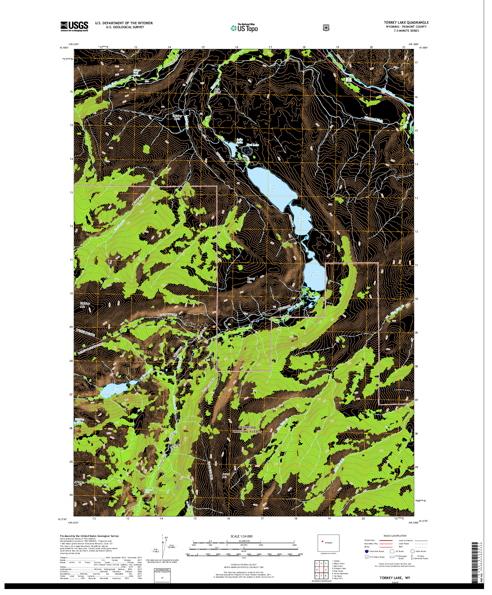 USGS US TOPO 7.5-MINUTE MAP FOR TORREY LAKE, WY 2017