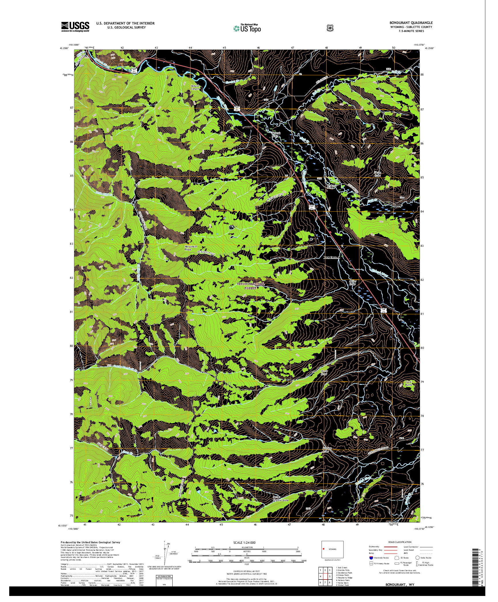 USGS US TOPO 7.5-MINUTE MAP FOR BONDURANT, WY 2017