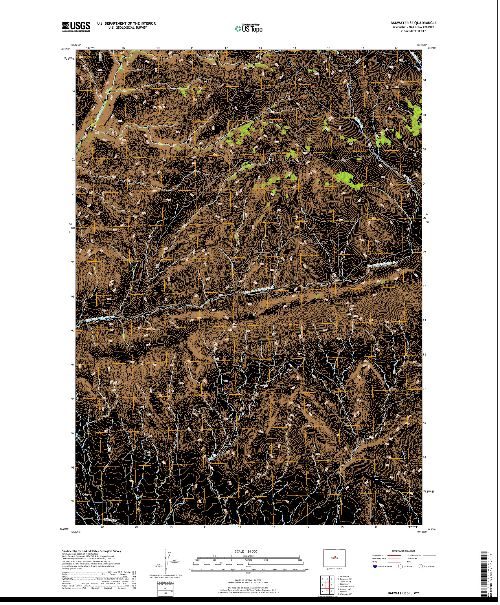USGS US TOPO 7.5-MINUTE MAP FOR BADWATER SE, WY 2017