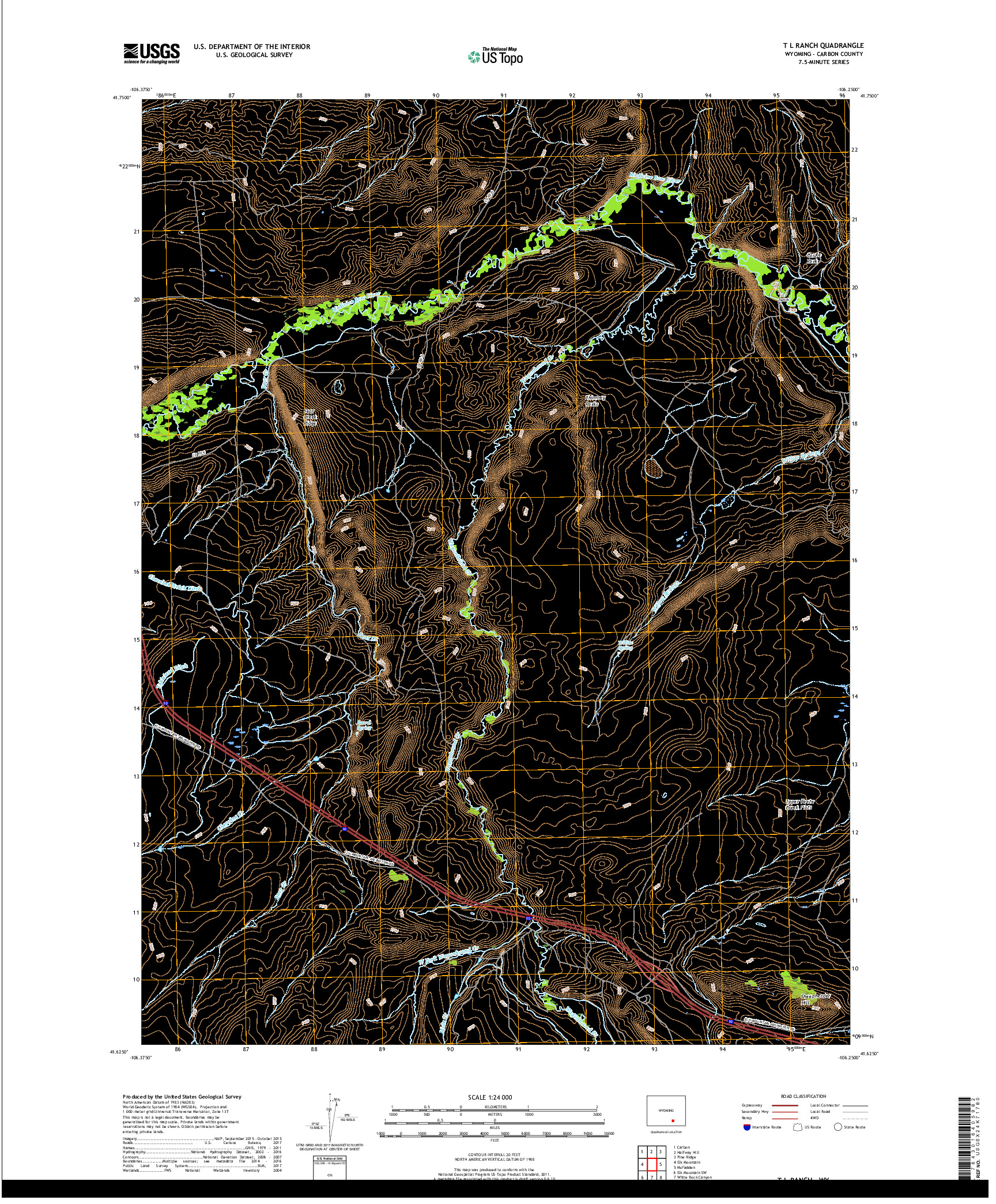 USGS US TOPO 7.5-MINUTE MAP FOR T L RANCH, WY 2017