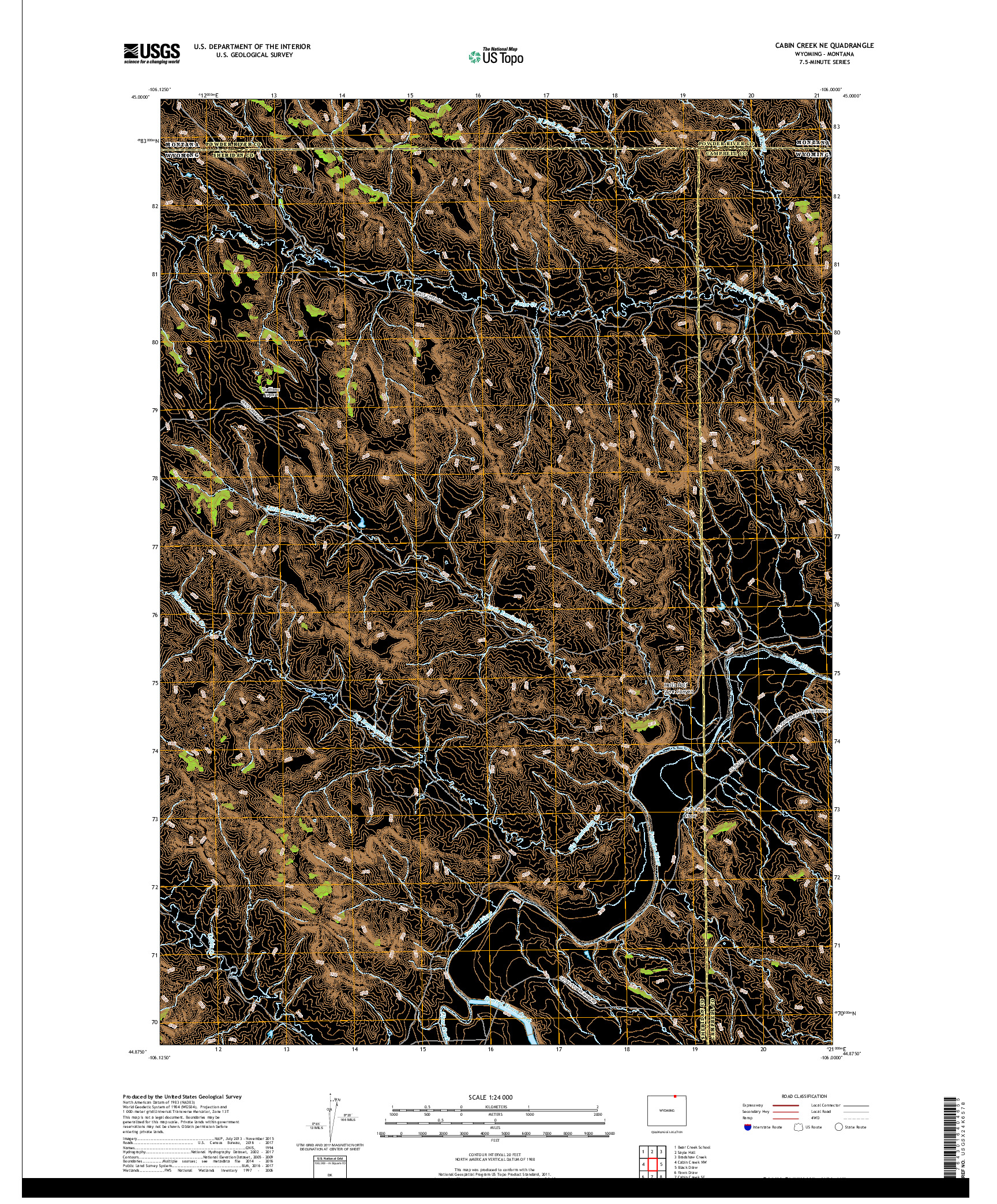 USGS US TOPO 7.5-MINUTE MAP FOR CABIN CREEK NE, WY,MT 2017