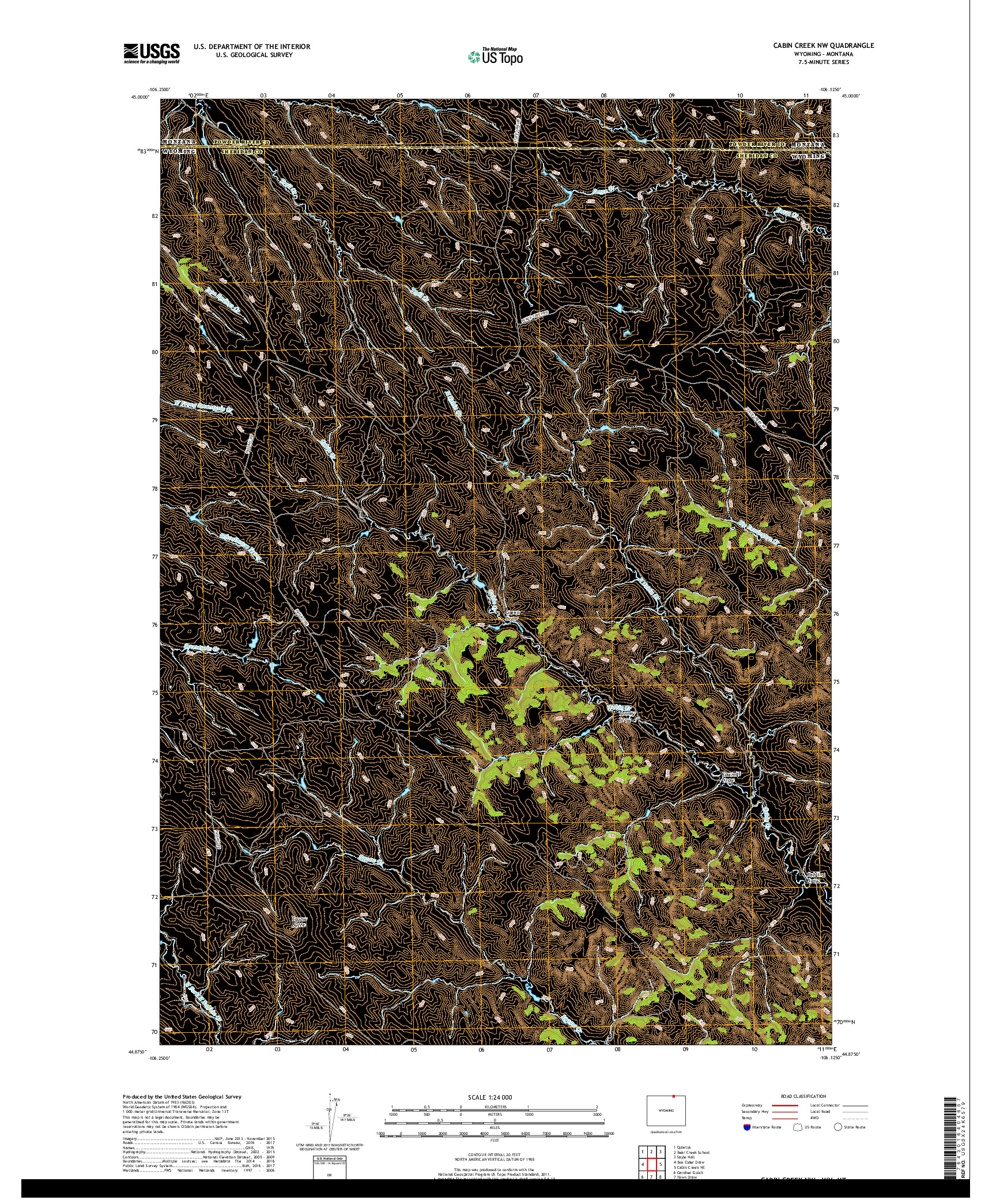 USGS US TOPO 7.5-MINUTE MAP FOR CABIN CREEK NW, WY,MT 2017