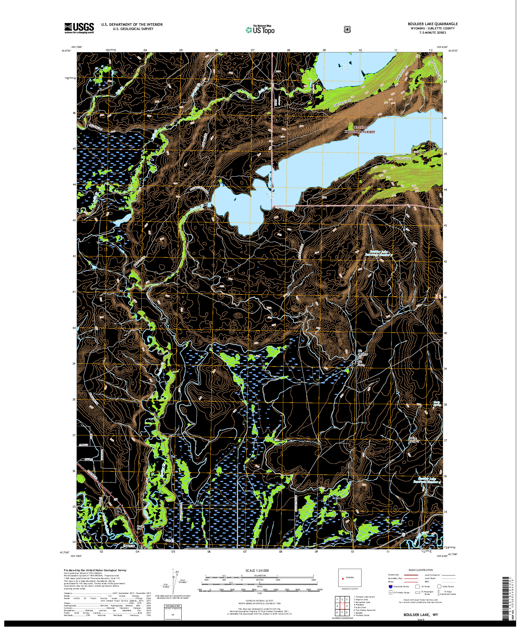 USGS US TOPO 7.5-MINUTE MAP FOR BOULDER LAKE, WY 2017