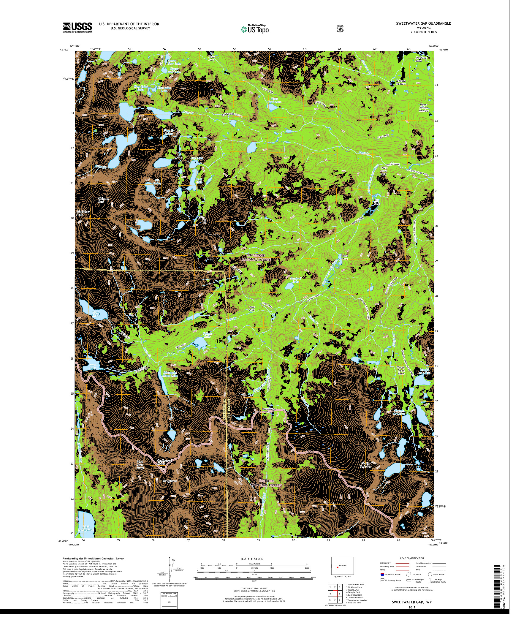 USGS US TOPO 7.5-MINUTE MAP FOR SWEETWATER GAP, WY 2017
