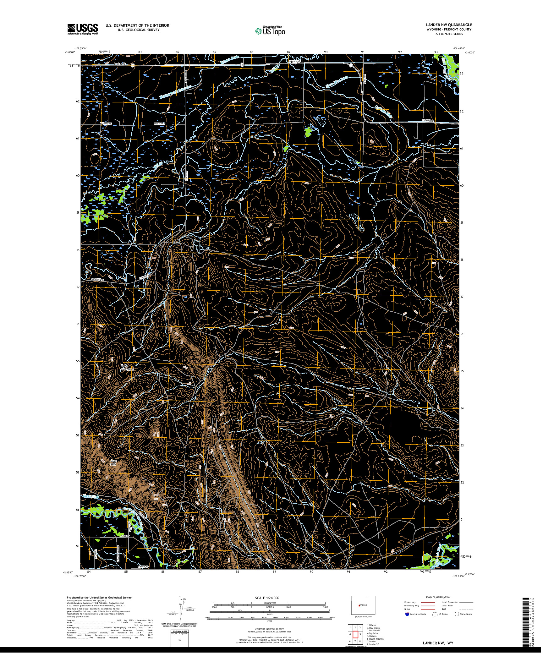 USGS US TOPO 7.5-MINUTE MAP FOR LANDER NW, WY 2017