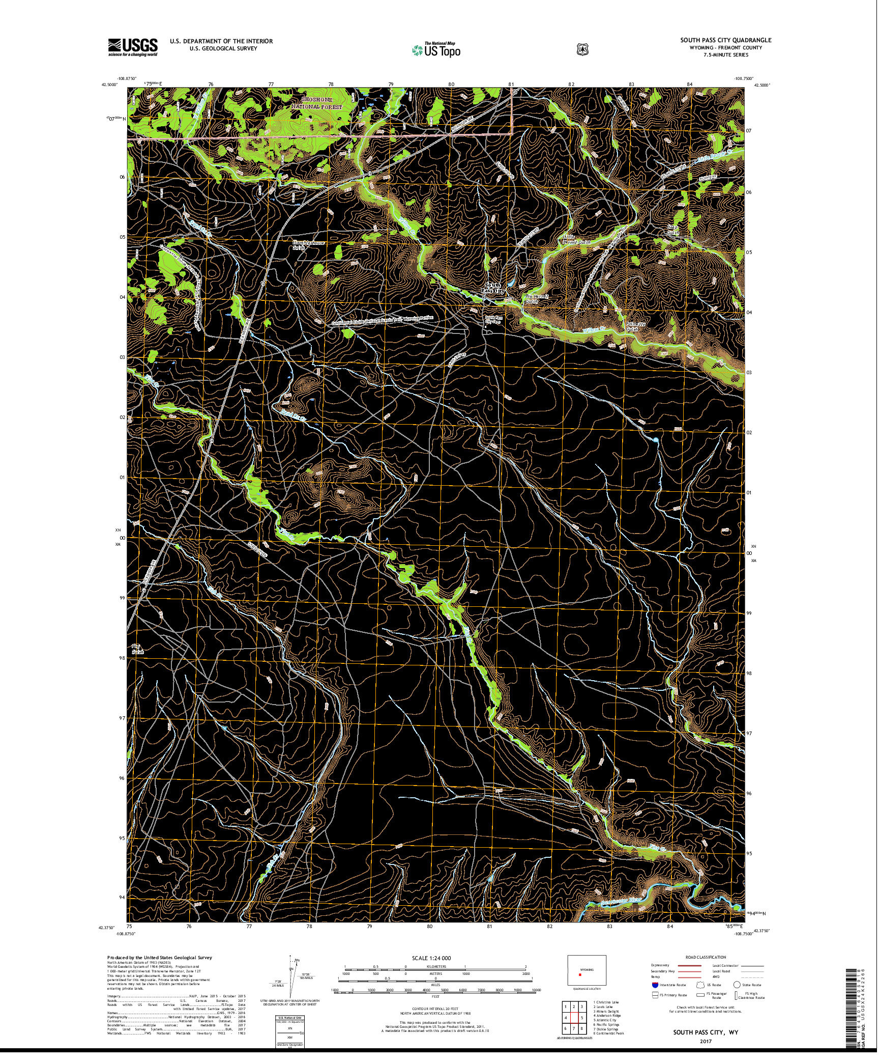 USGS US TOPO 7.5-MINUTE MAP FOR SOUTH PASS CITY, WY 2017
