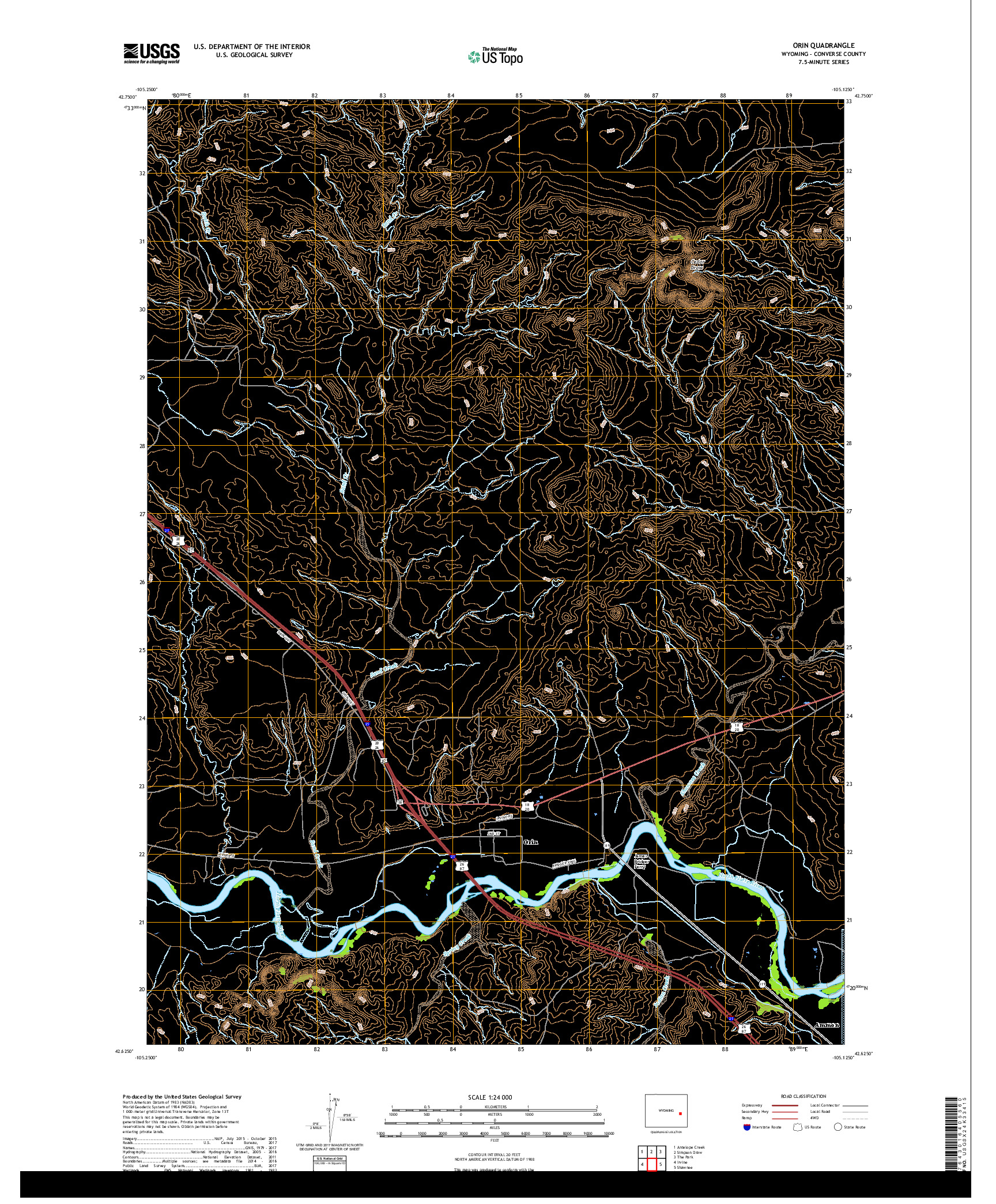 USGS US TOPO 7.5-MINUTE MAP FOR ORIN, WY 2017