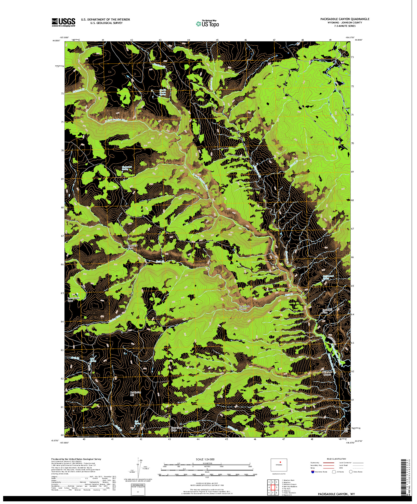 USGS US TOPO 7.5-MINUTE MAP FOR PACKSADDLE CANYON, WY 2017