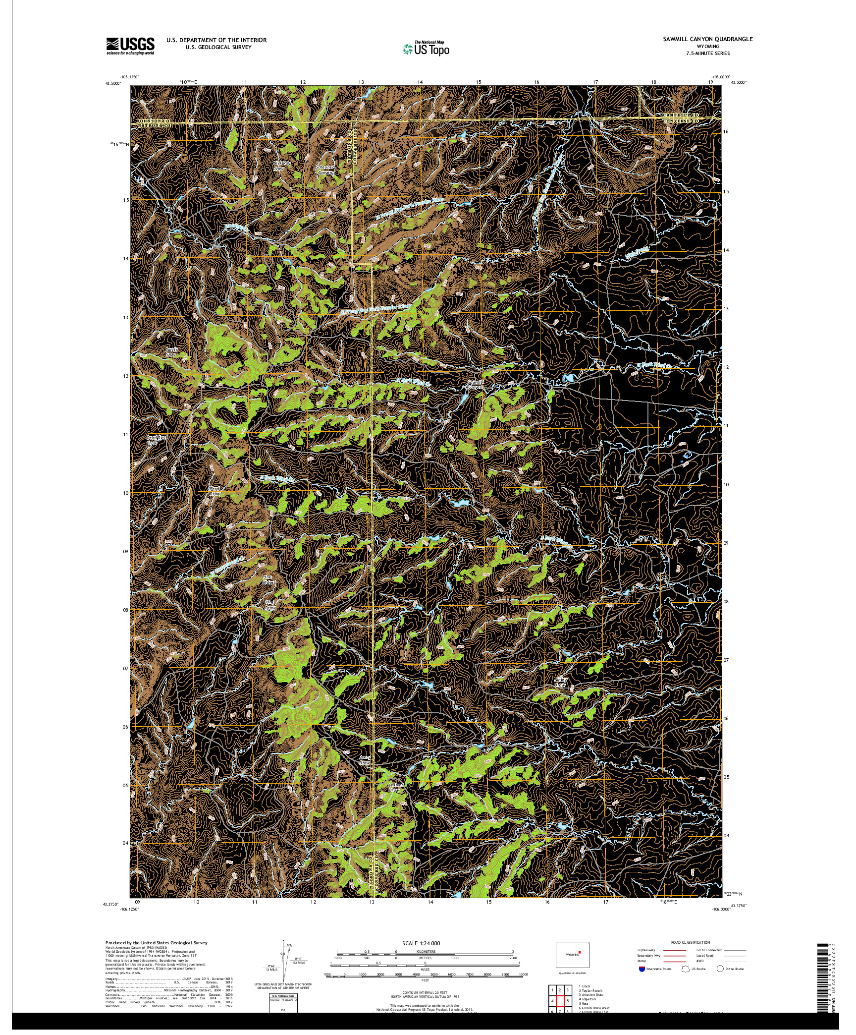 USGS US TOPO 7.5-MINUTE MAP FOR SAWMILL CANYON, WY 2017