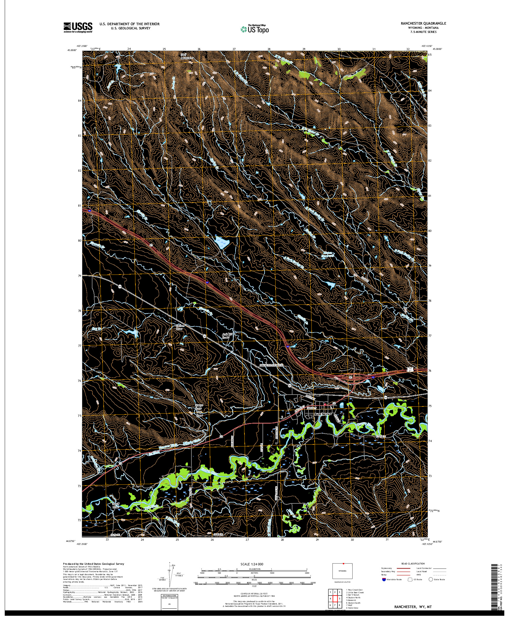 USGS US TOPO 7.5-MINUTE MAP FOR RANCHESTER, WY,MT 2017