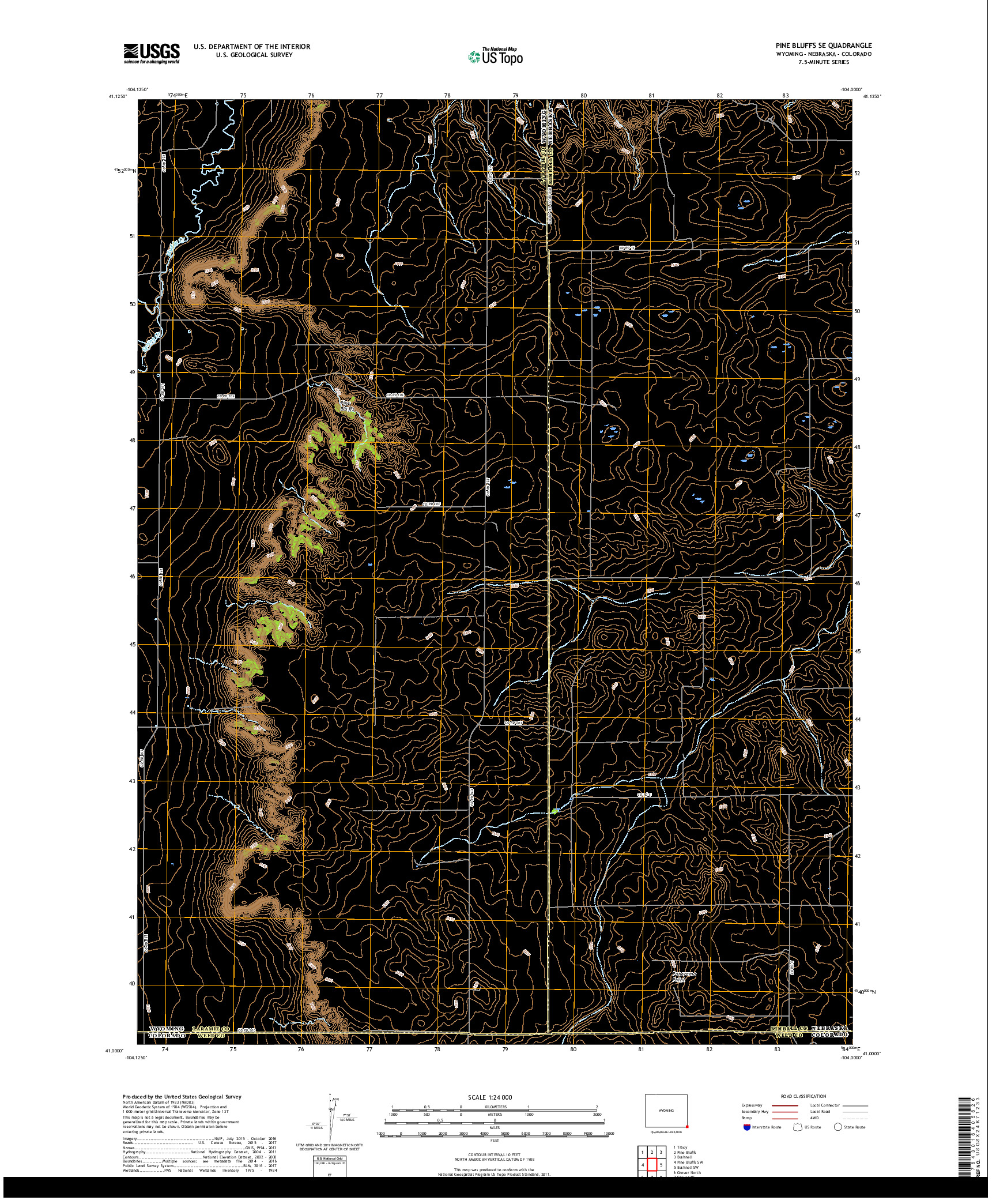 USGS US TOPO 7.5-MINUTE MAP FOR PINE BLUFFS SE, WY,NE,CO 2017