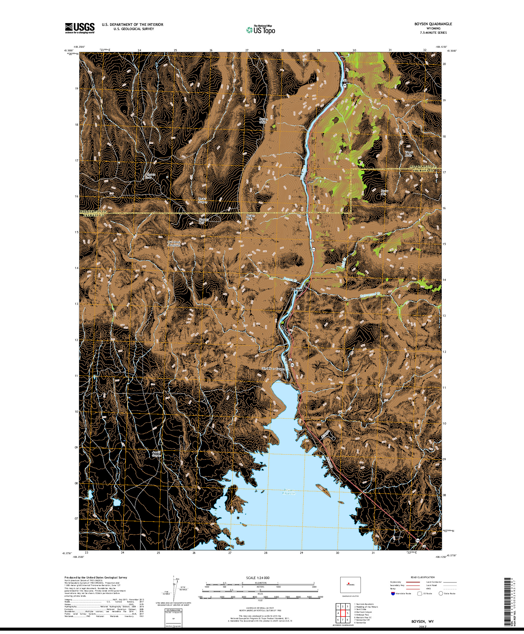 USGS US TOPO 7.5-MINUTE MAP FOR BOYSEN, WY 2017