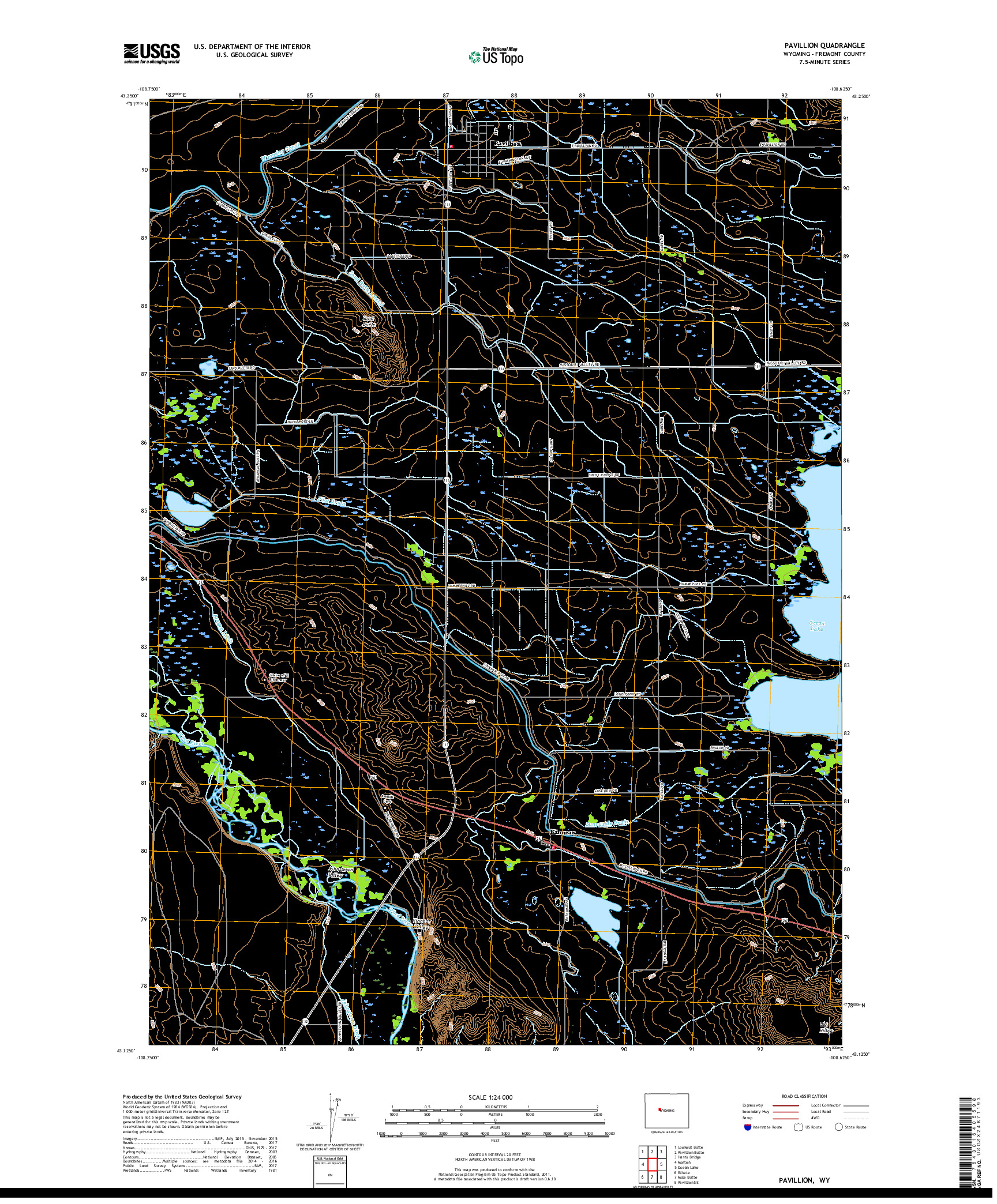USGS US TOPO 7.5-MINUTE MAP FOR PAVILLION, WY 2017