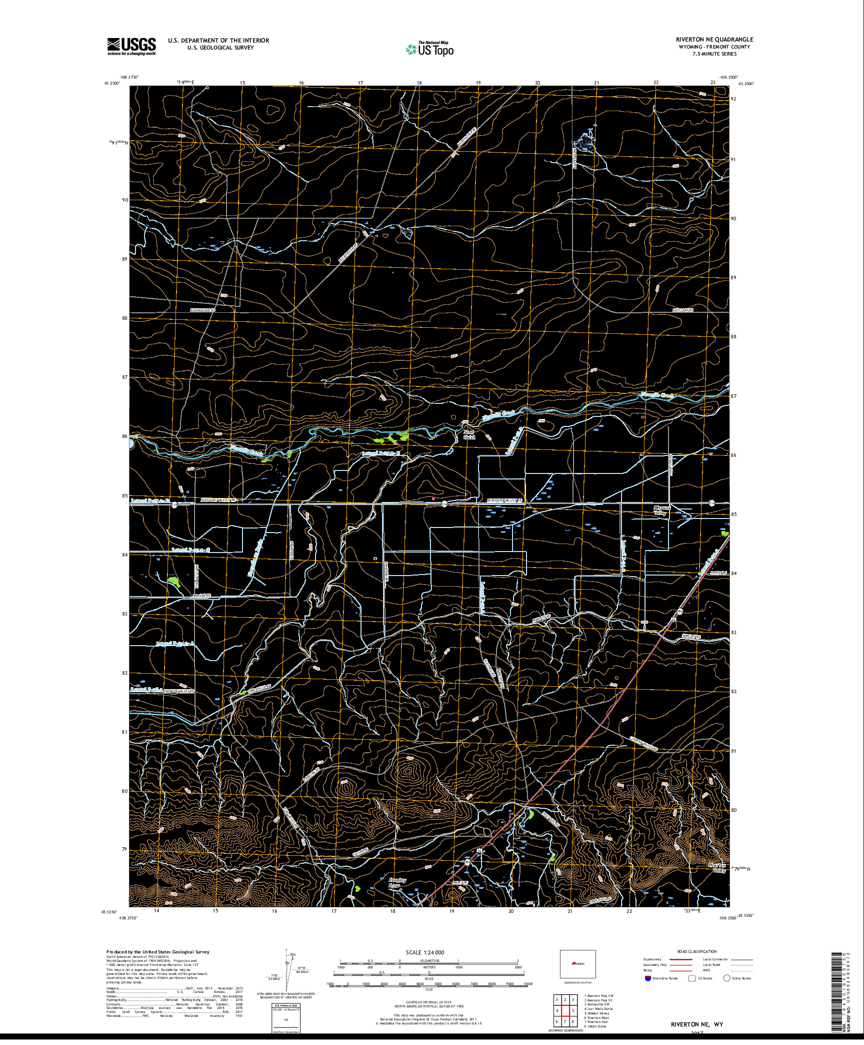 USGS US TOPO 7.5-MINUTE MAP FOR RIVERTON NE, WY 2017