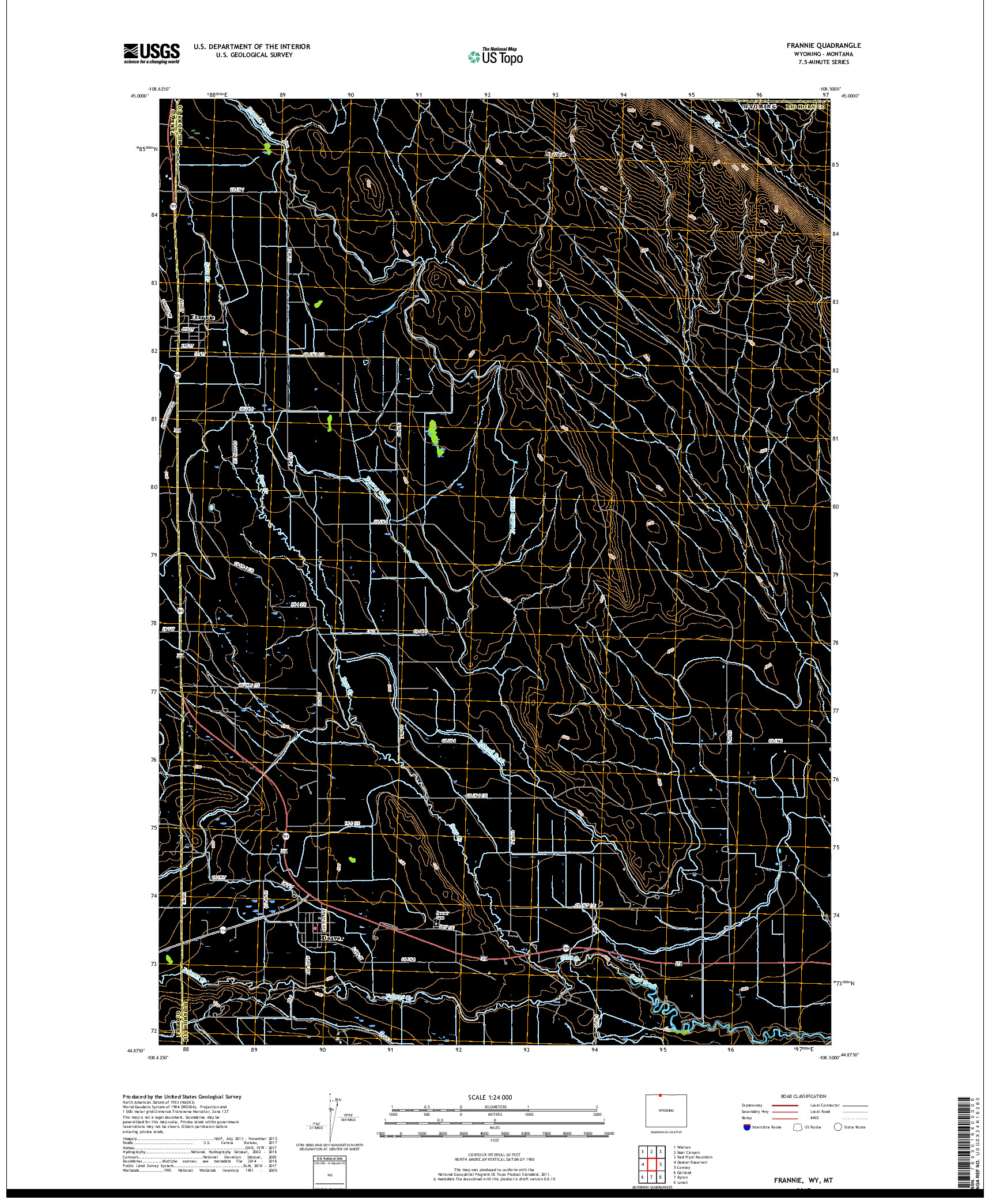 USGS US TOPO 7.5-MINUTE MAP FOR FRANNIE, WY,MT 2017