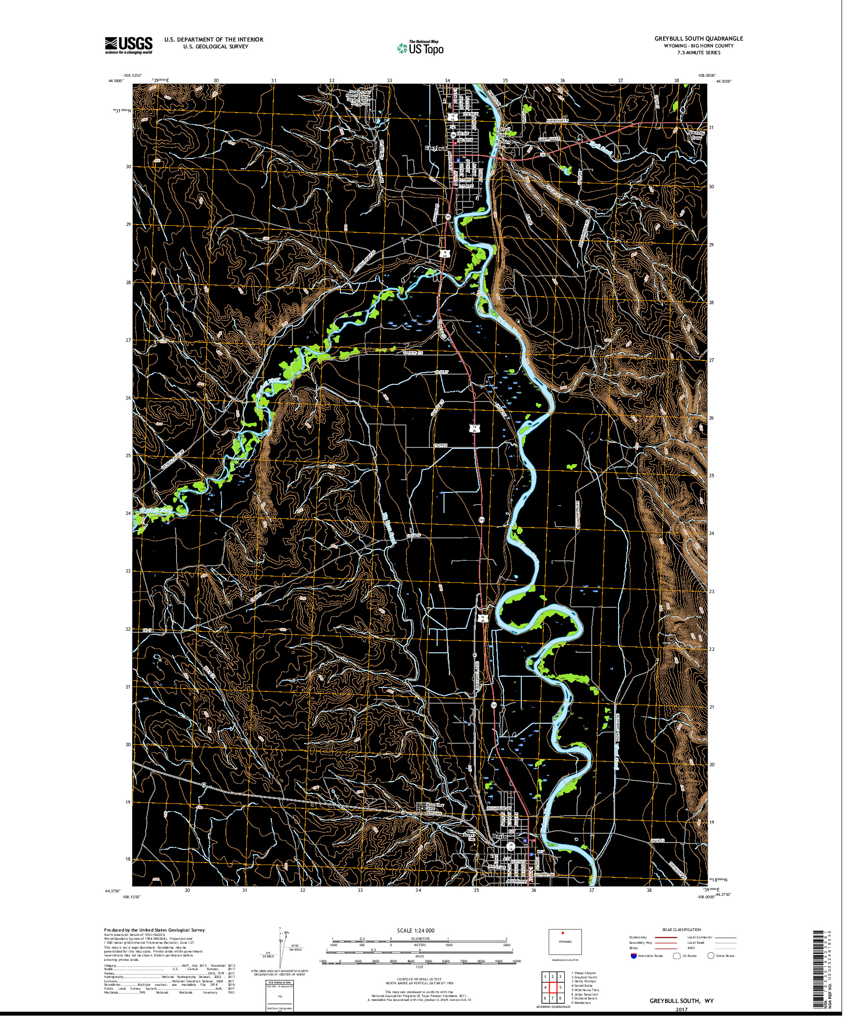 USGS US TOPO 7.5-MINUTE MAP FOR GREYBULL SOUTH, WY 2017