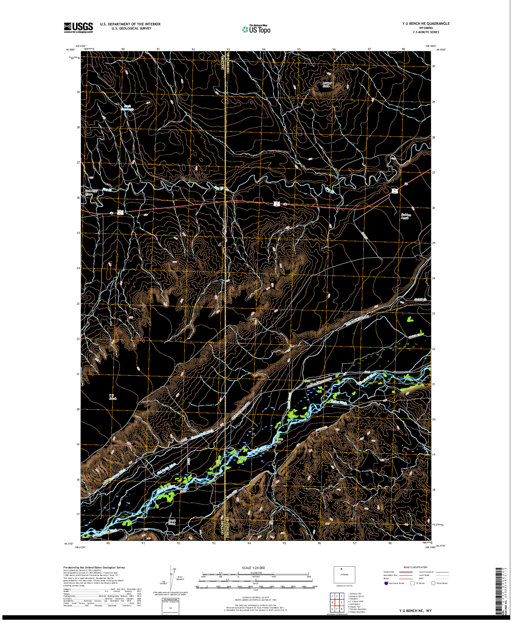 USGS US TOPO 7.5-MINUTE MAP FOR Y U BENCH NE, WY 2017