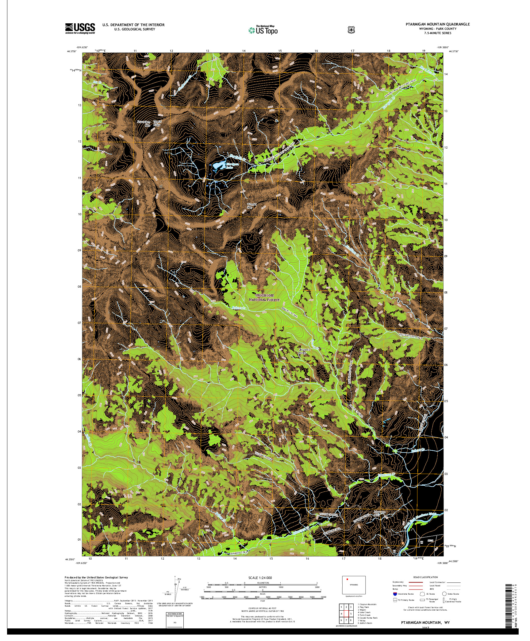 USGS US TOPO 7.5-MINUTE MAP FOR PTARMIGAN MOUNTAIN, WY 2017