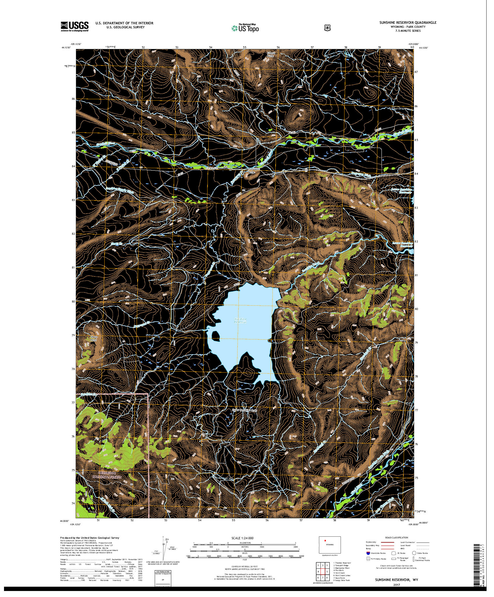 USGS US TOPO 7.5-MINUTE MAP FOR SUNSHINE RESERVOIR, WY 2017