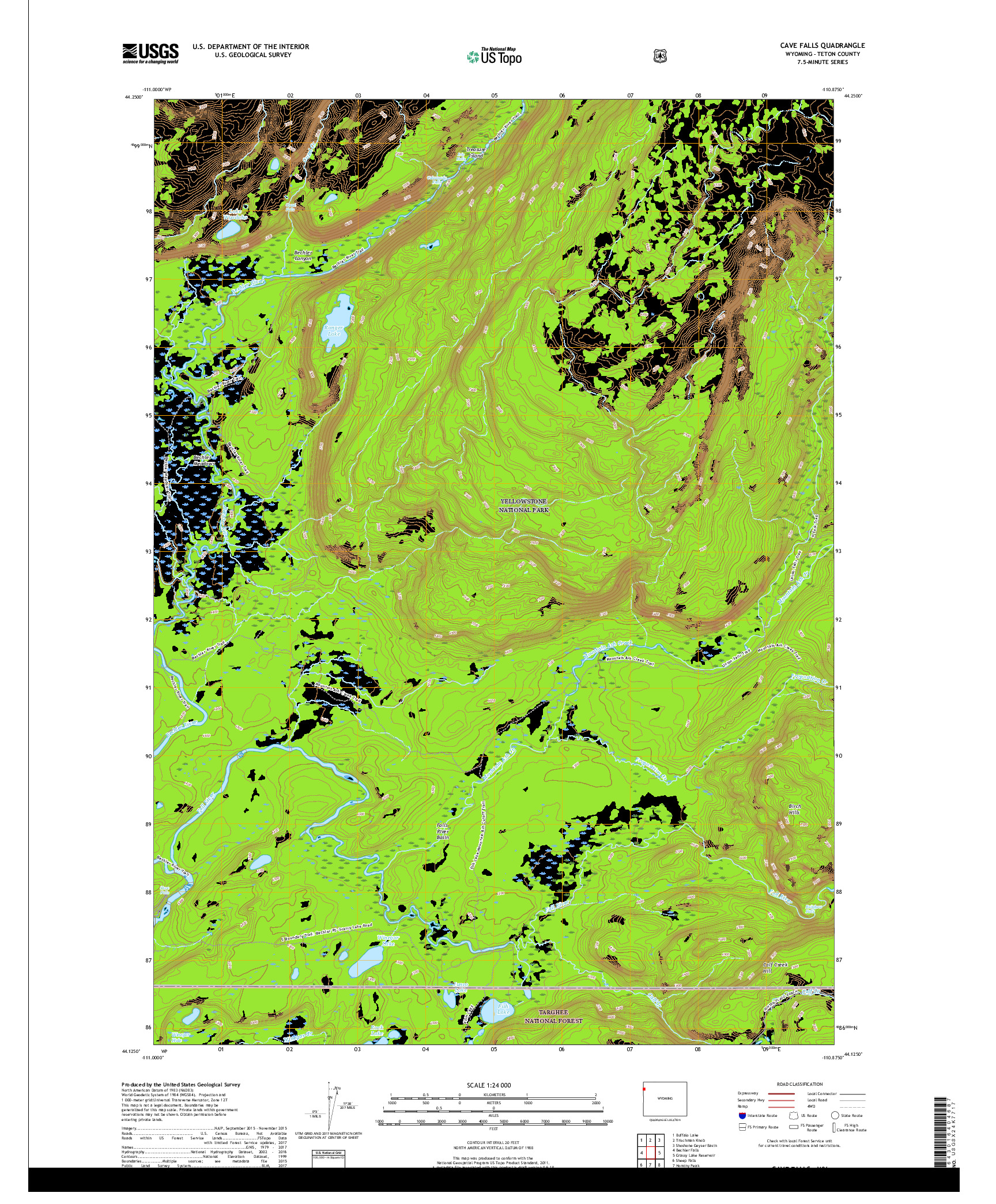 USGS US TOPO 7.5-MINUTE MAP FOR CAVE FALLS, WY 2017