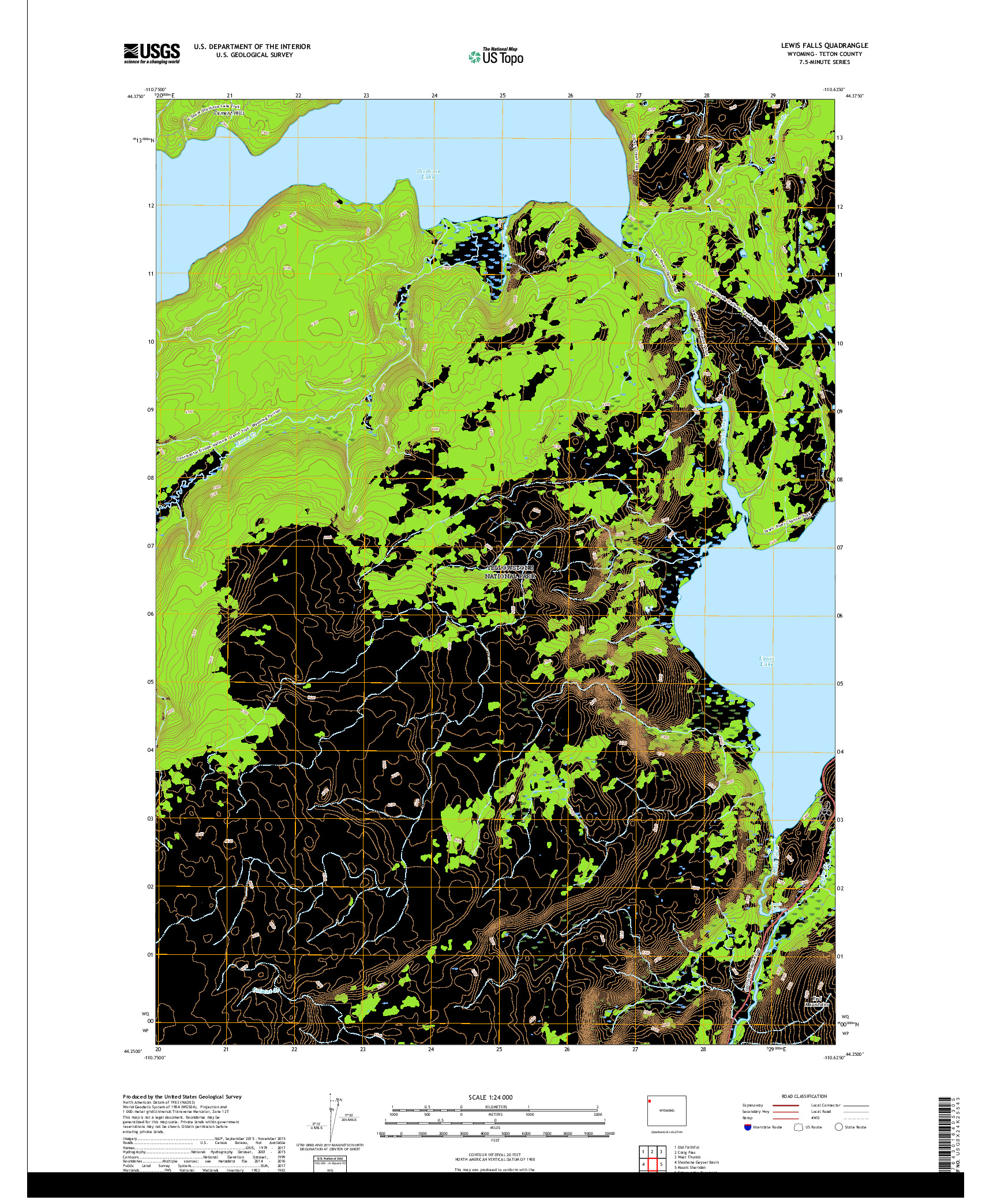 USGS US TOPO 7.5-MINUTE MAP FOR LEWIS FALLS, WY 2017