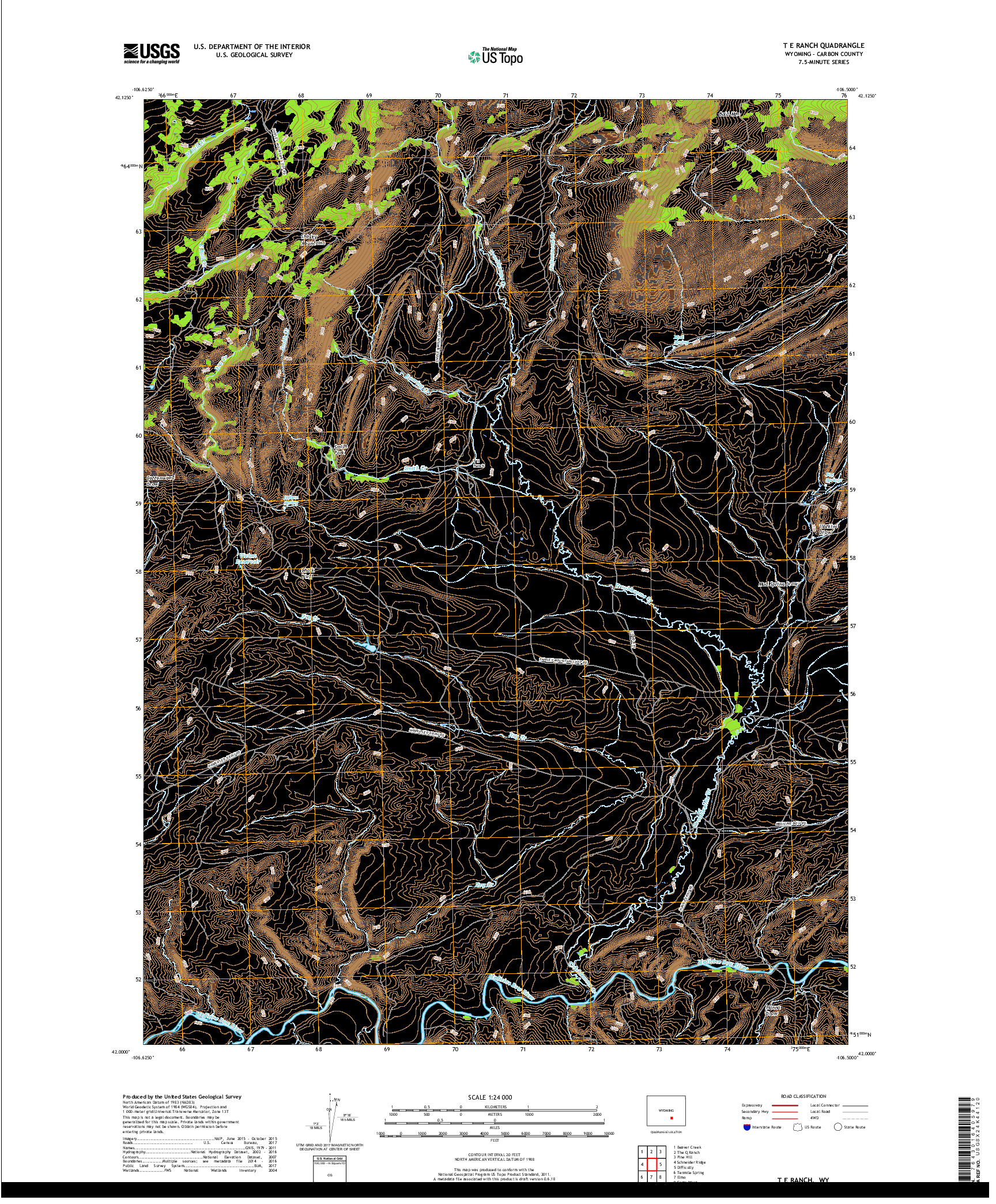 USGS US TOPO 7.5-MINUTE MAP FOR T E RANCH, WY 2017