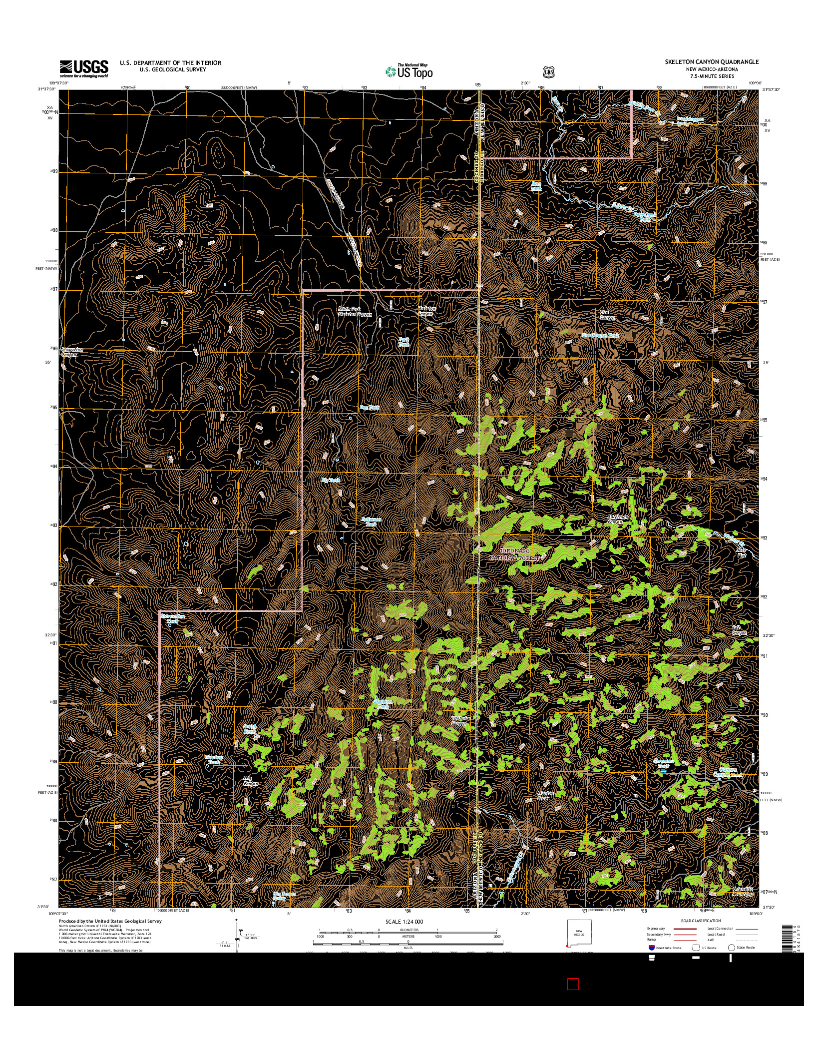 USGS US TOPO 7.5-MINUTE MAP FOR SKELETON CANYON, NM-AZ 2017