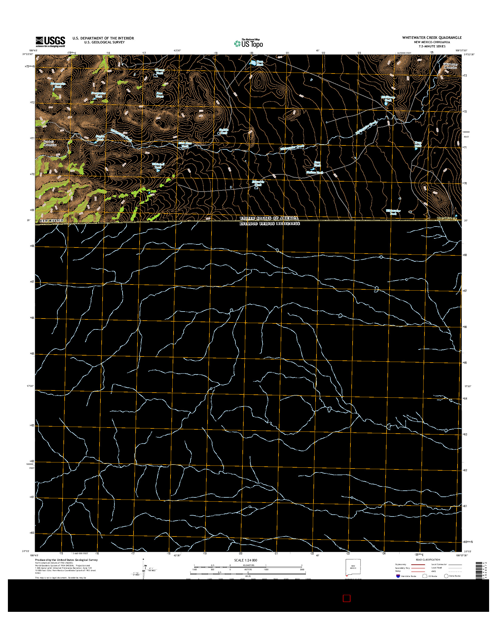 USGS US TOPO 7.5-MINUTE MAP FOR WHITEWATER CREEK, NM-CHH 2017