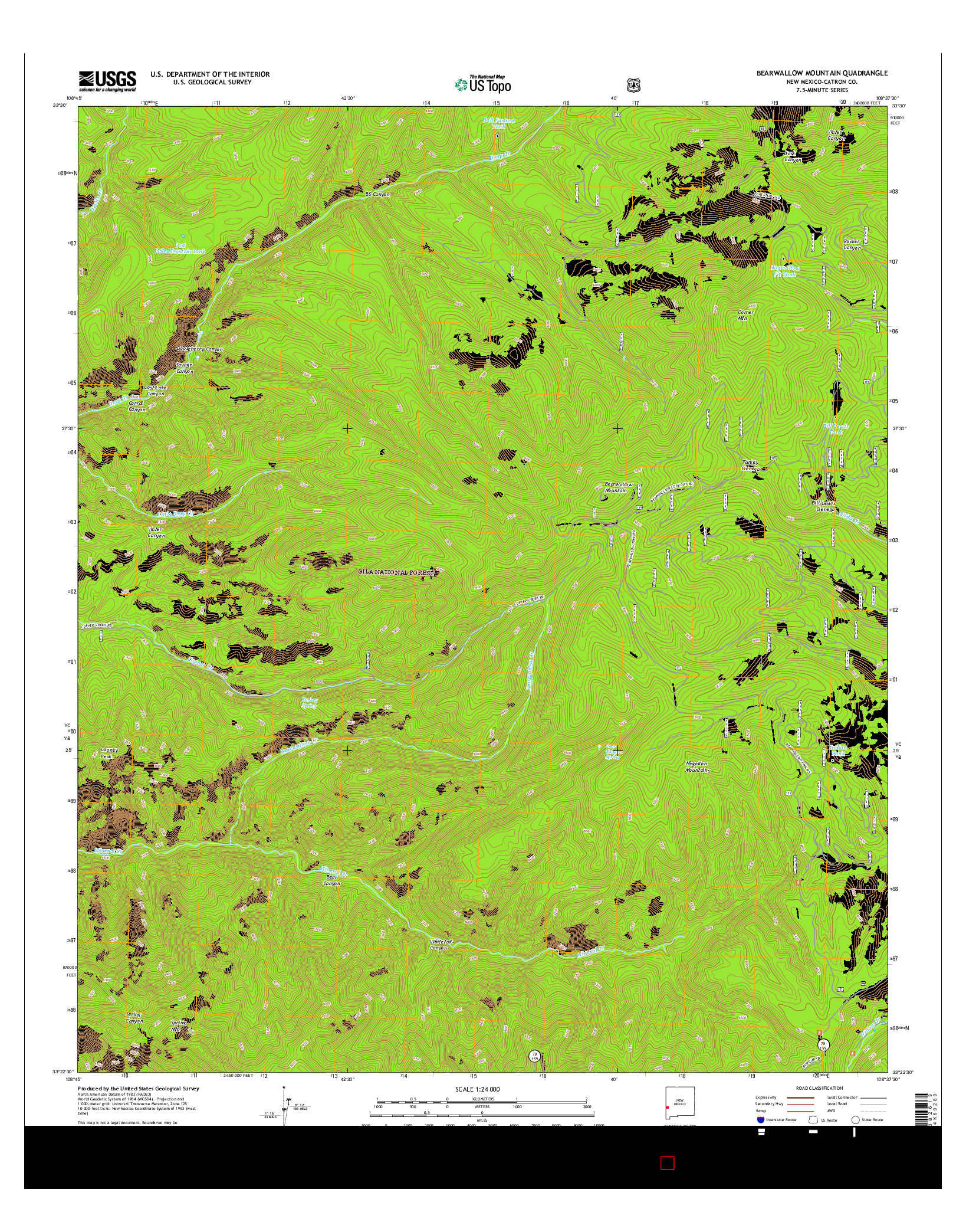 USGS US TOPO 7.5-MINUTE MAP FOR BEARWALLOW MOUNTAIN, NM 2017