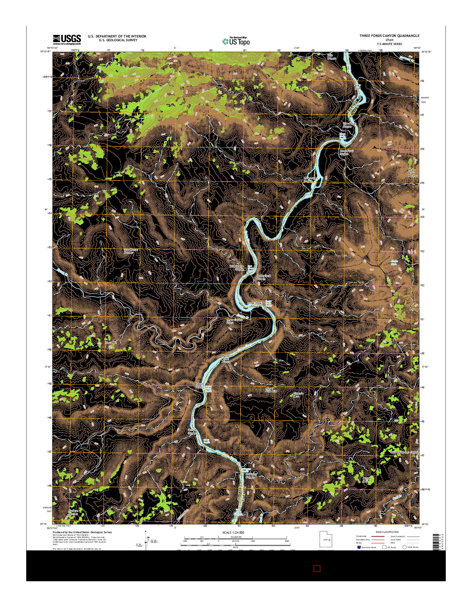 USGS US TOPO 7.5-MINUTE MAP FOR THREE FORDS CANYON, UT 2017