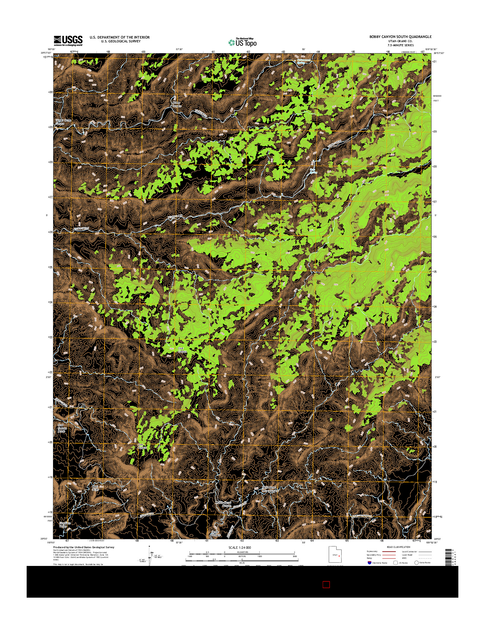 USGS US TOPO 7.5-MINUTE MAP FOR BOBBY CANYON SOUTH, UT 2017