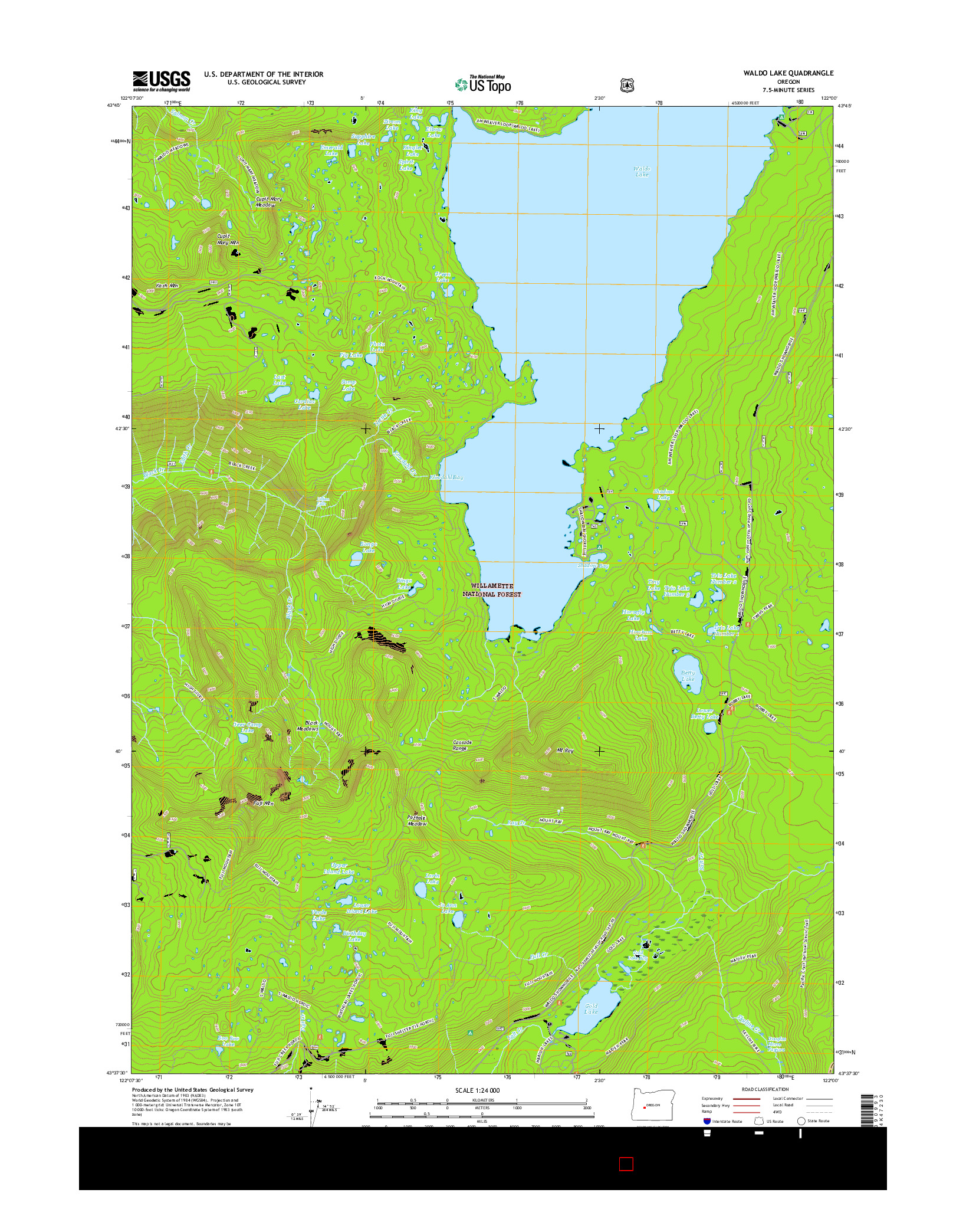USGS US TOPO 7.5-MINUTE MAP FOR WALDO LAKE, OR 2017