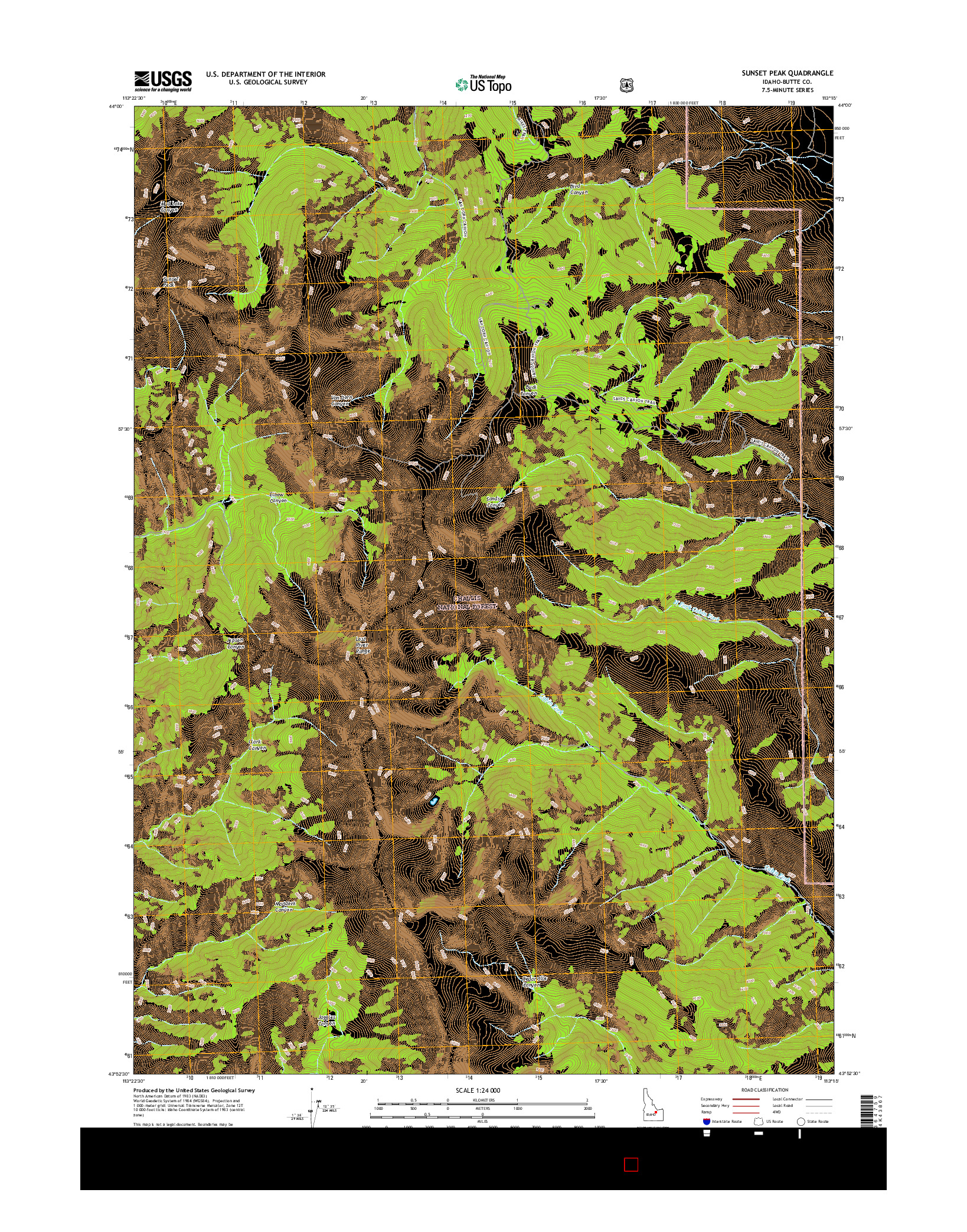 USGS US TOPO 7.5-MINUTE MAP FOR SUNSET PEAK, ID 2017