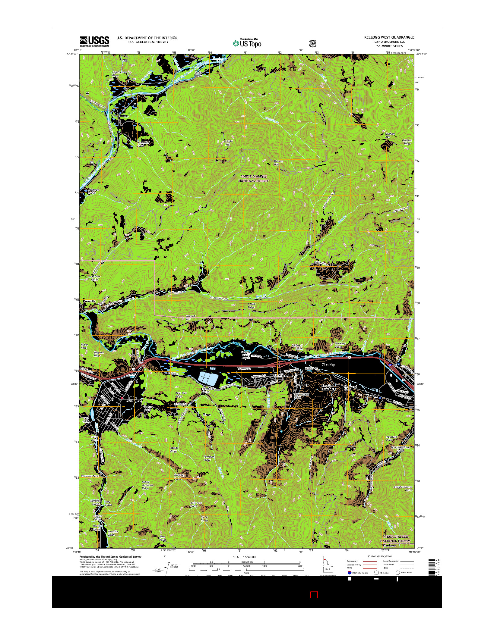 USGS US TOPO 7.5-MINUTE MAP FOR KELLOGG WEST, ID 2017