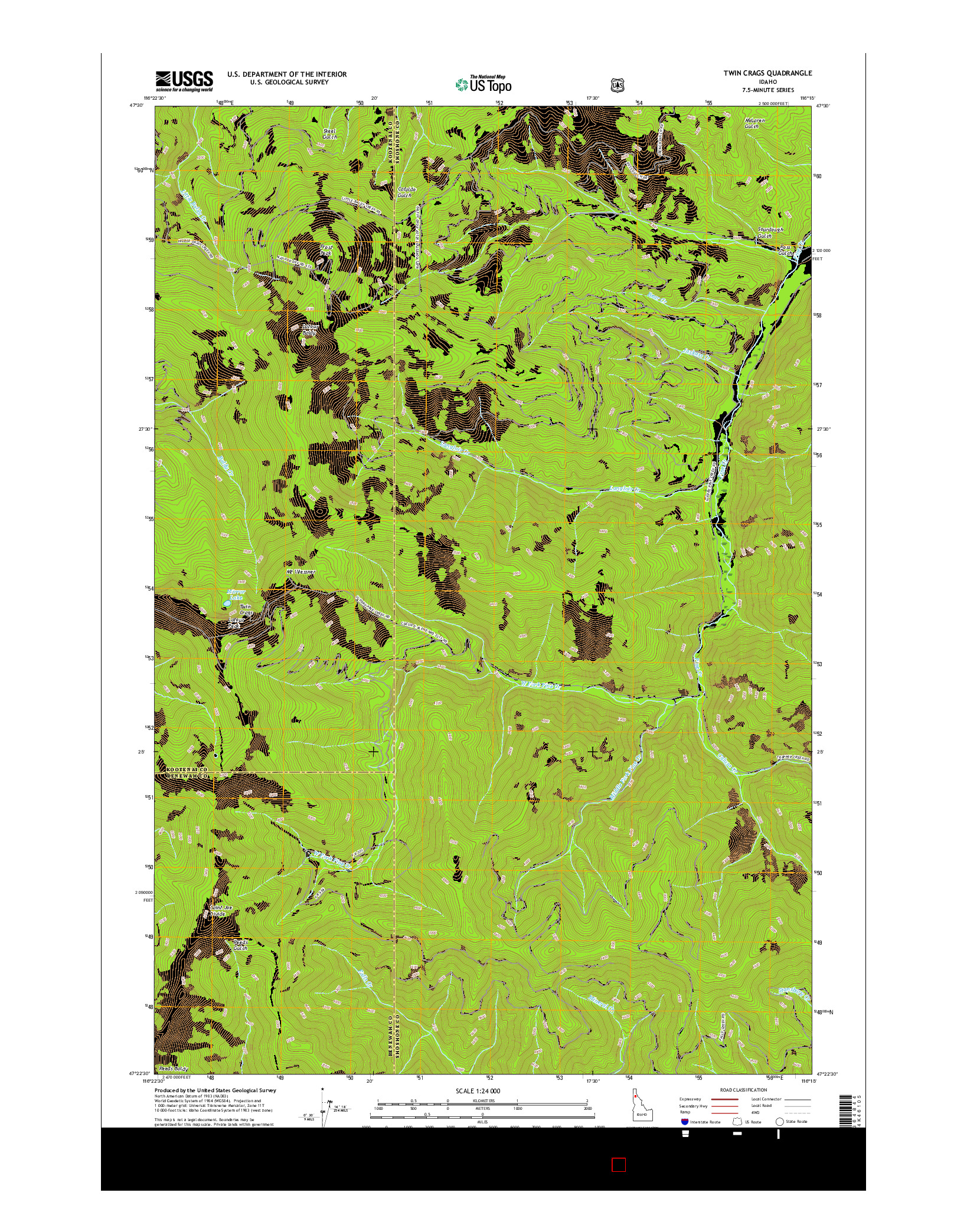 USGS US TOPO 7.5-MINUTE MAP FOR TWIN CRAGS, ID 2017